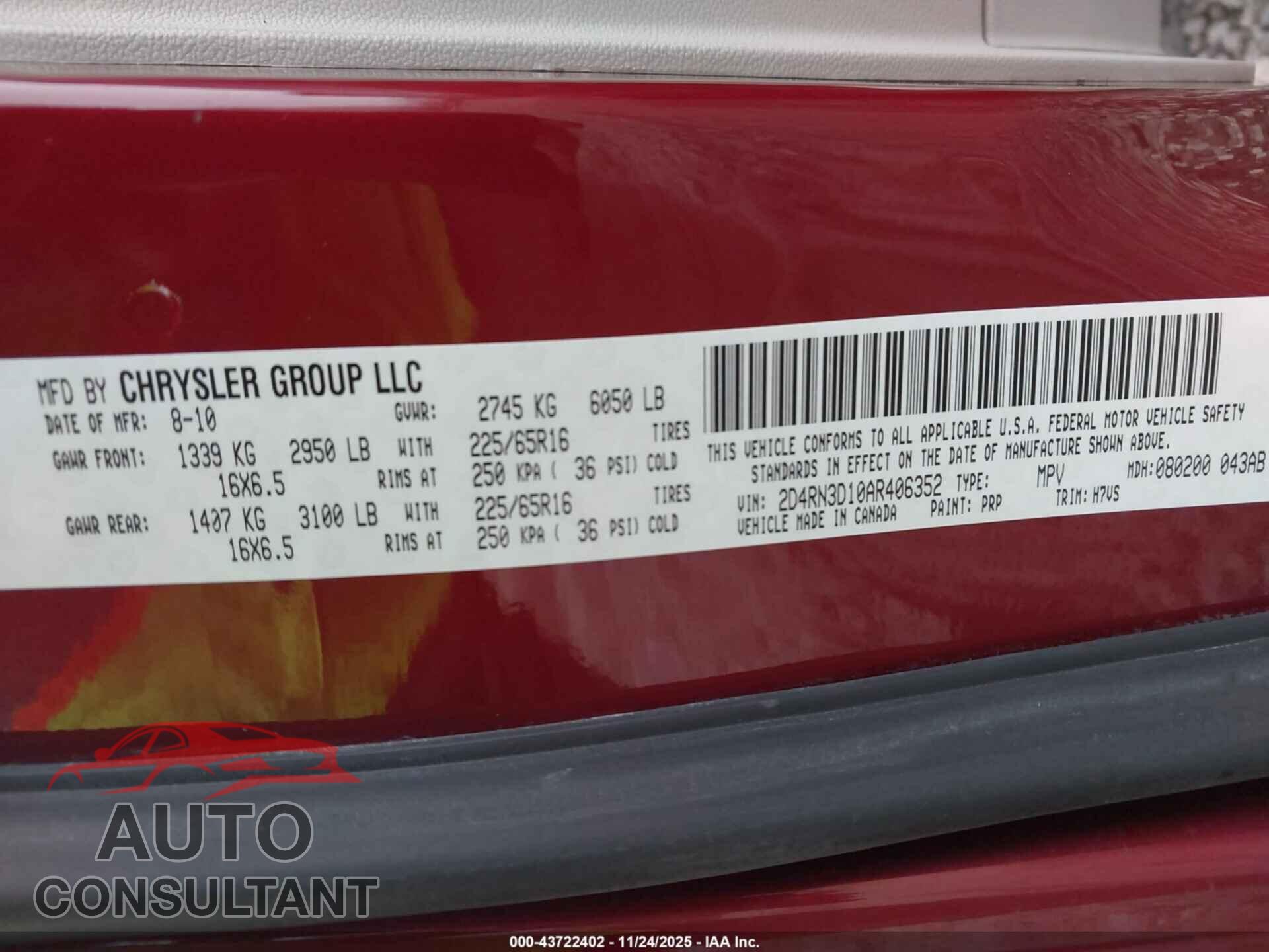 DODGE GRAND CARAVAN 2010 - 2D4RN3D10AR406352