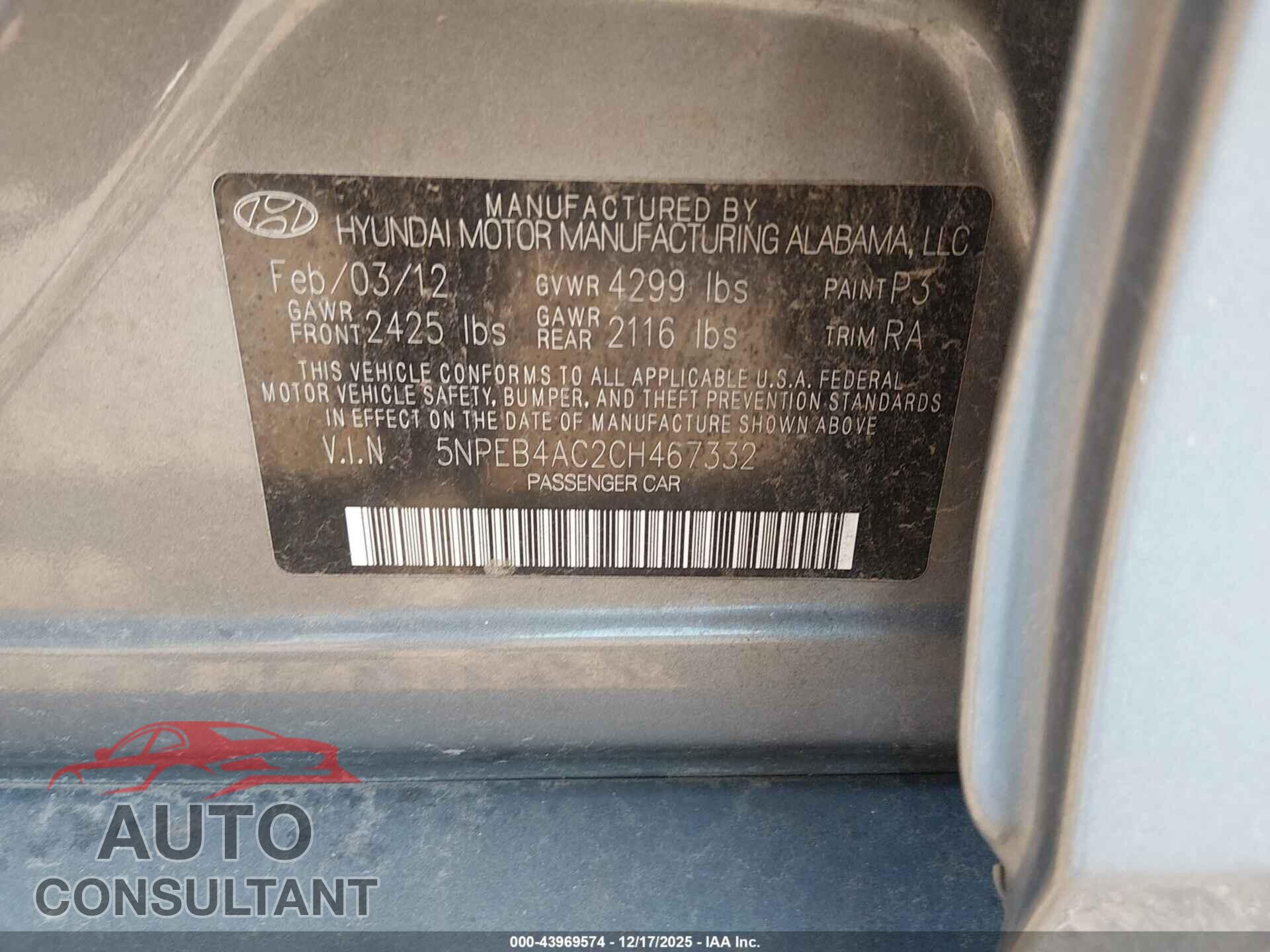 HYUNDAI SONATA 2012 - 5NPEB4AC2CH467332