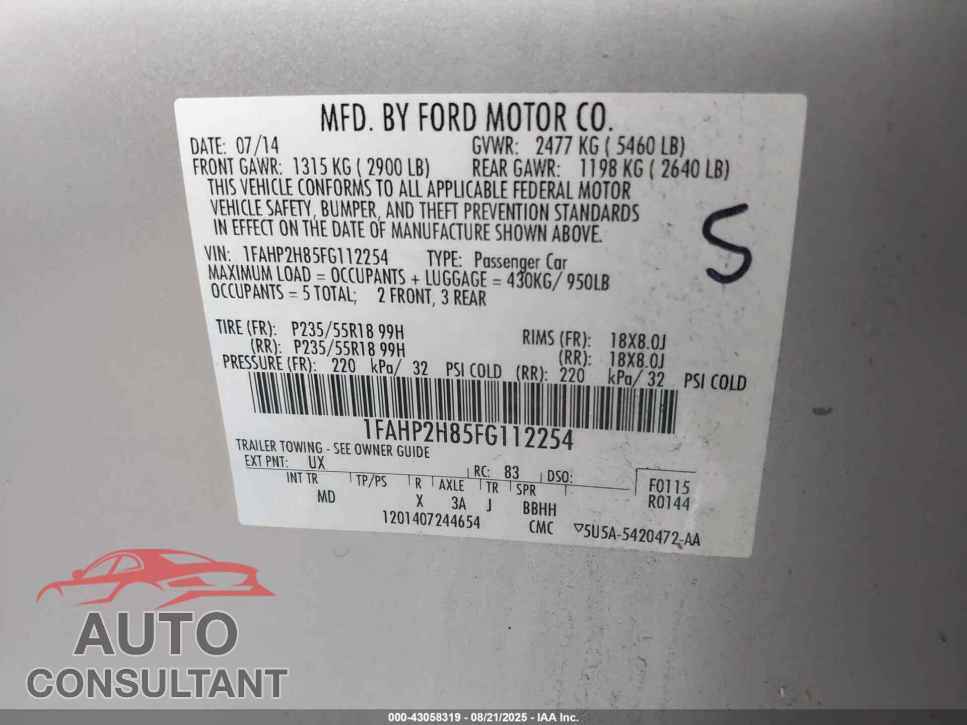 FORD TAURUS 2015 - 1FAHP2H85FG112254