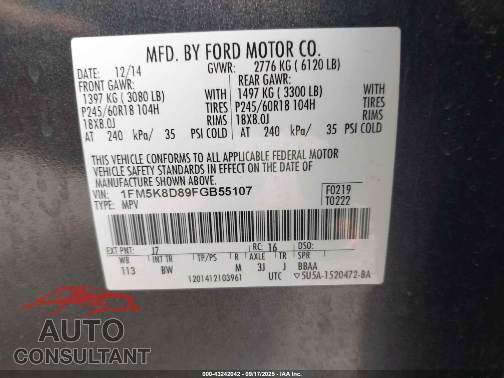 FORD EXPLORER 2015 - 1FM5K8D89FGB55107