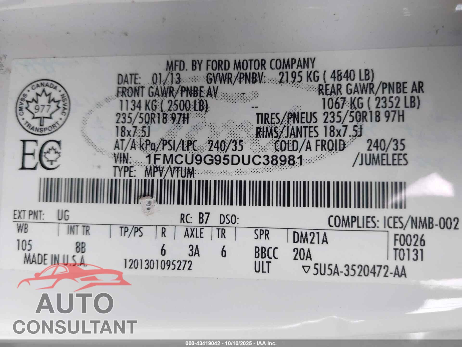 FORD ESCAPE 2013 - 1FMCU9G95DUC38981