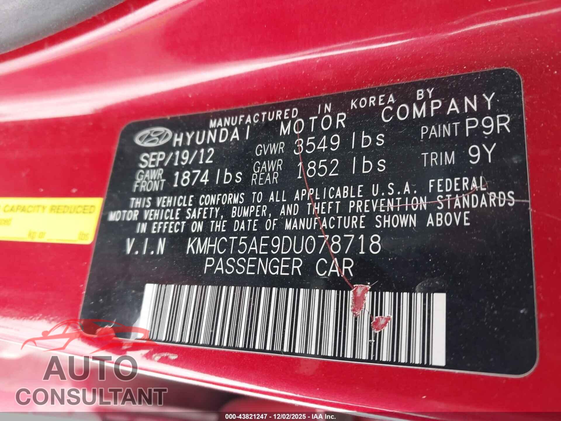 HYUNDAI ACCENT 2013 - KMHCT5AE9DU078718