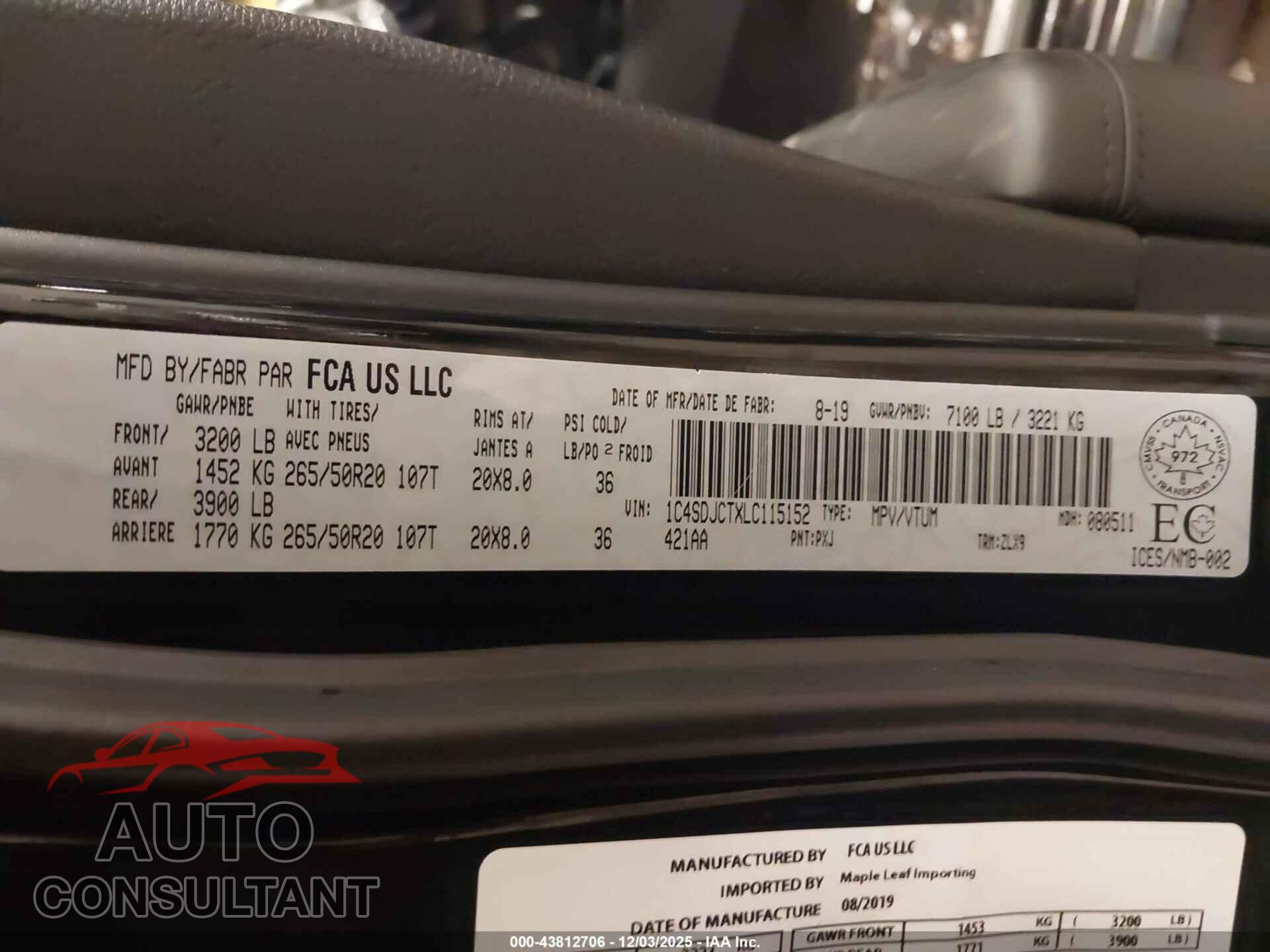 DODGE DURANGO 2020 - 1C4SDJCTXLC115152