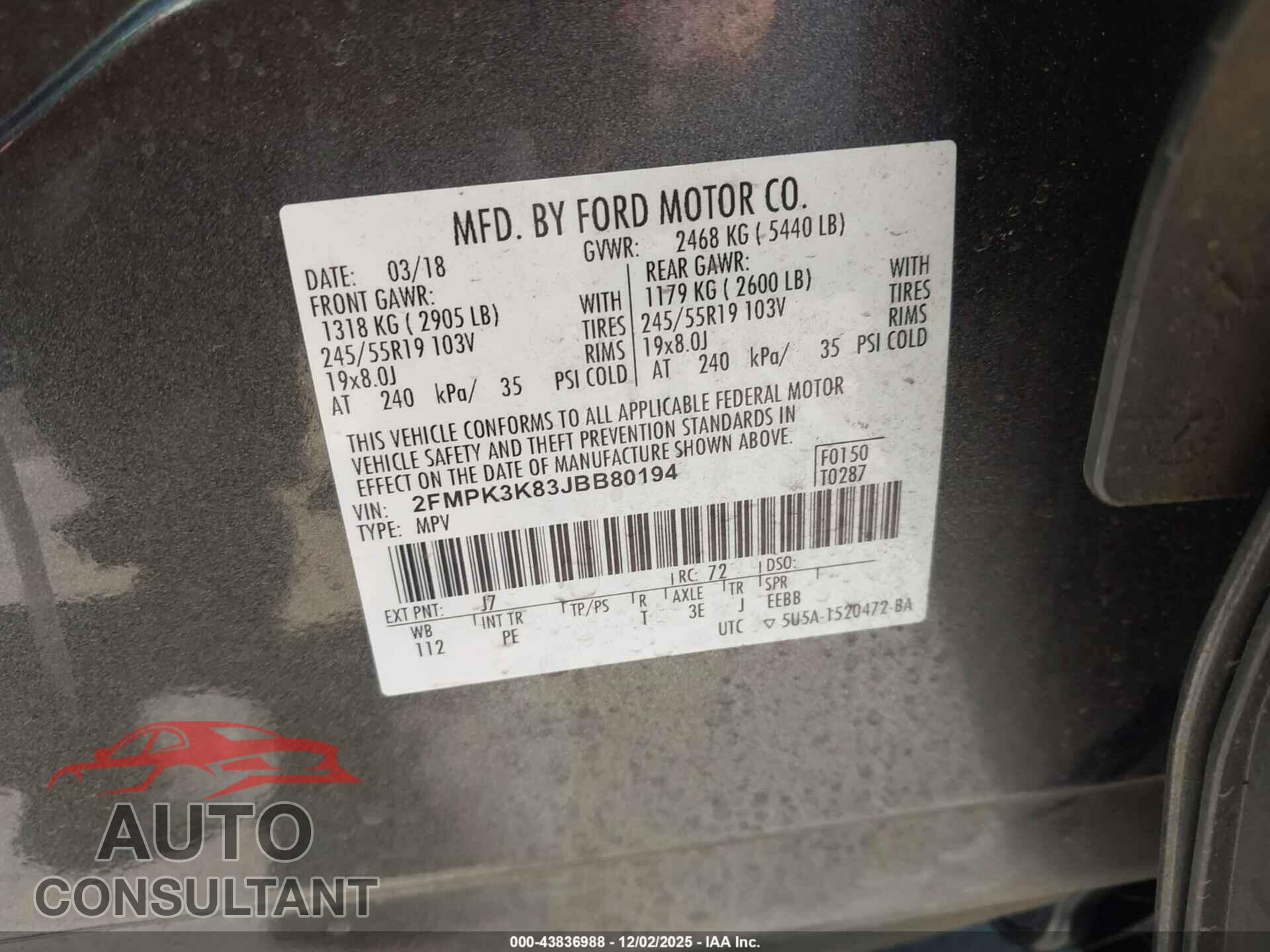 FORD EDGE 2018 - 2FMPK3K83JBB80194