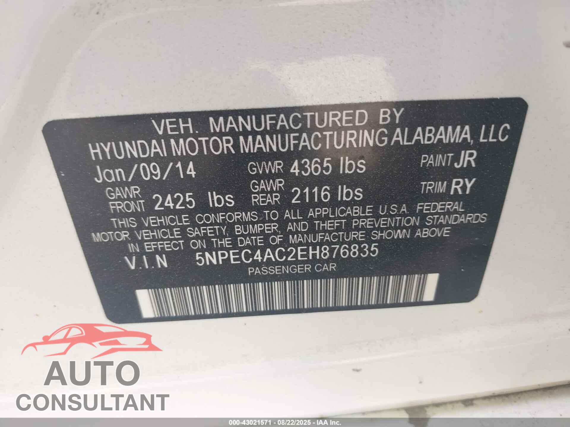 HYUNDAI SONATA 2014 - 5NPEC4AC2EH876835