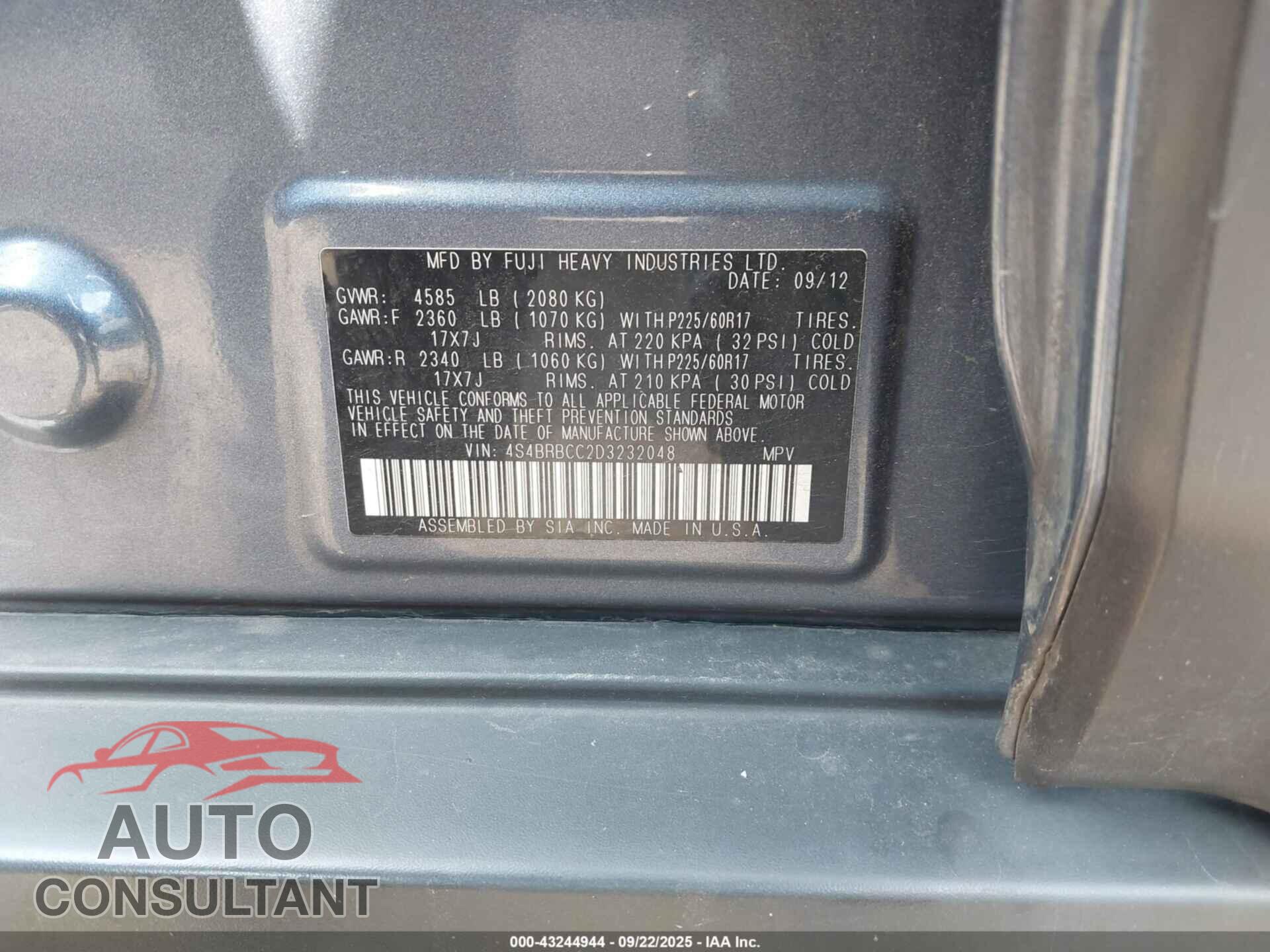 SUBARU OUTBACK 2013 - 4S4BRBCC2D3232048