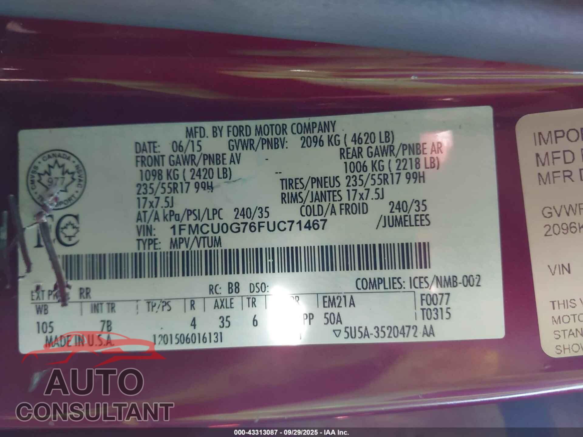FORD ESCAPE 2015 - 1FMCU0G76FUC71467
