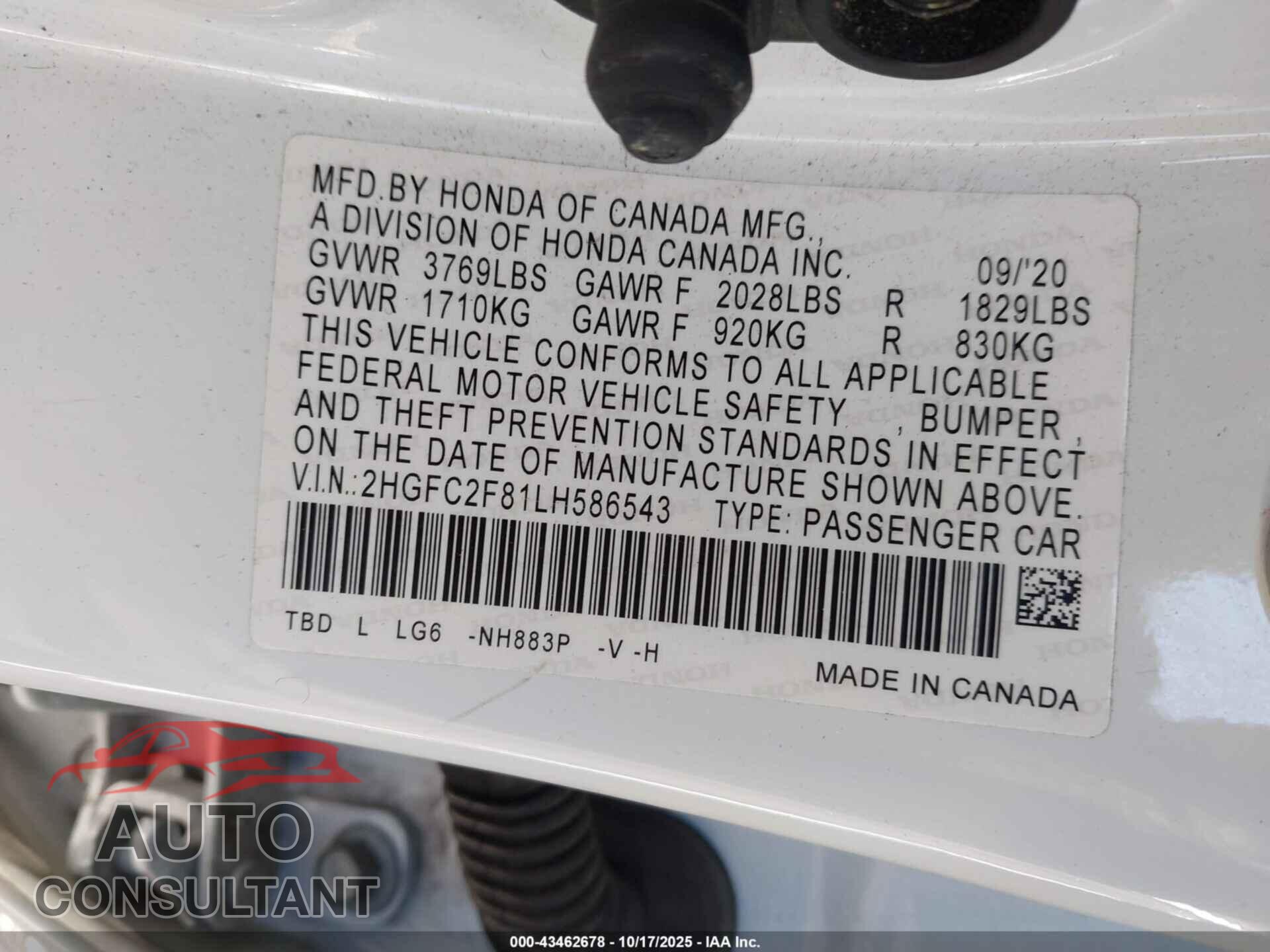 HONDA CIVIC 2020 - 2HGFC2F81LH586543
