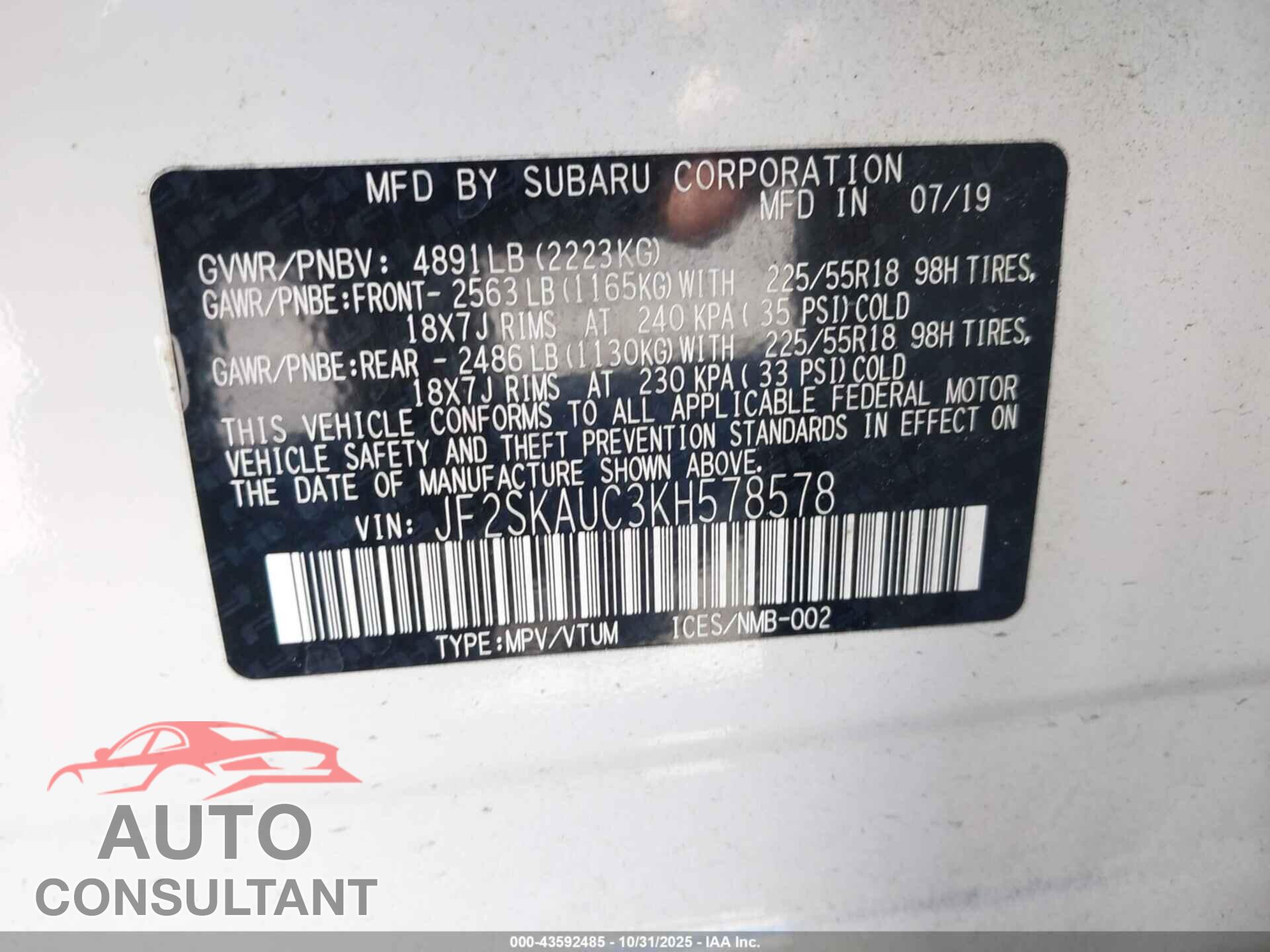 SUBARU FORESTER 2019 - JF2SKAUC3KH578578