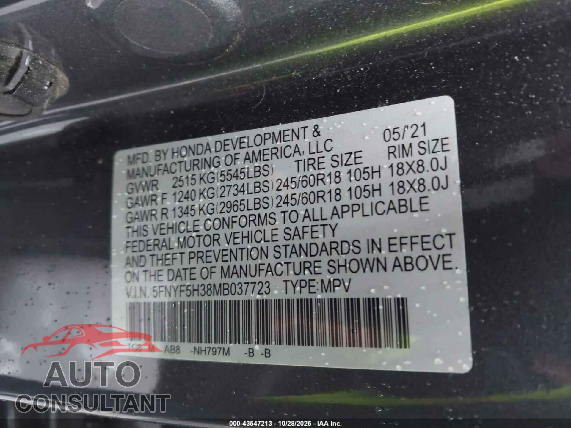 HONDA PILOT 2021 - 5FNYF5H38MB037723