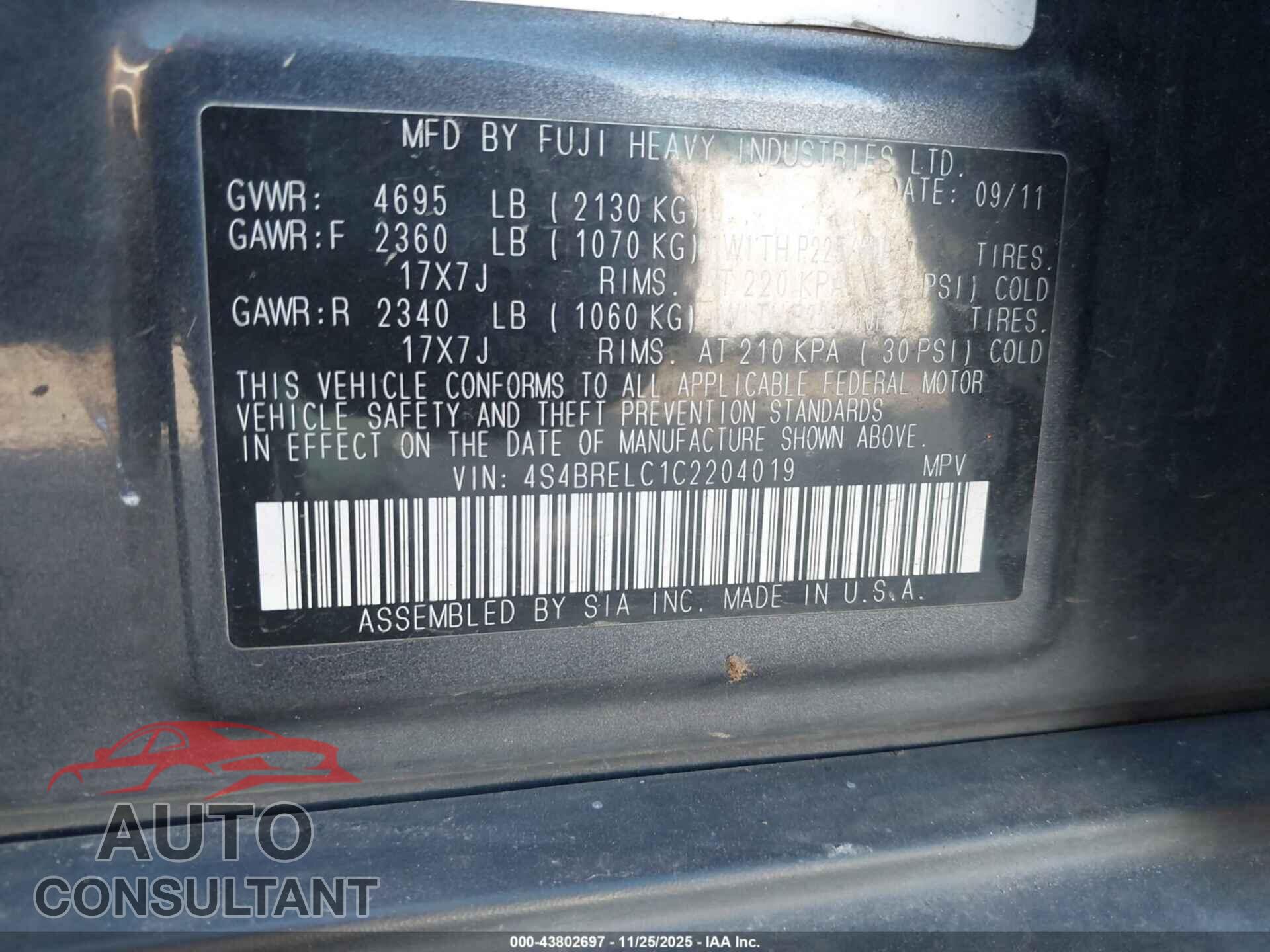 SUBARU OUTBACK 2012 - 4S4BRELC1C2204019