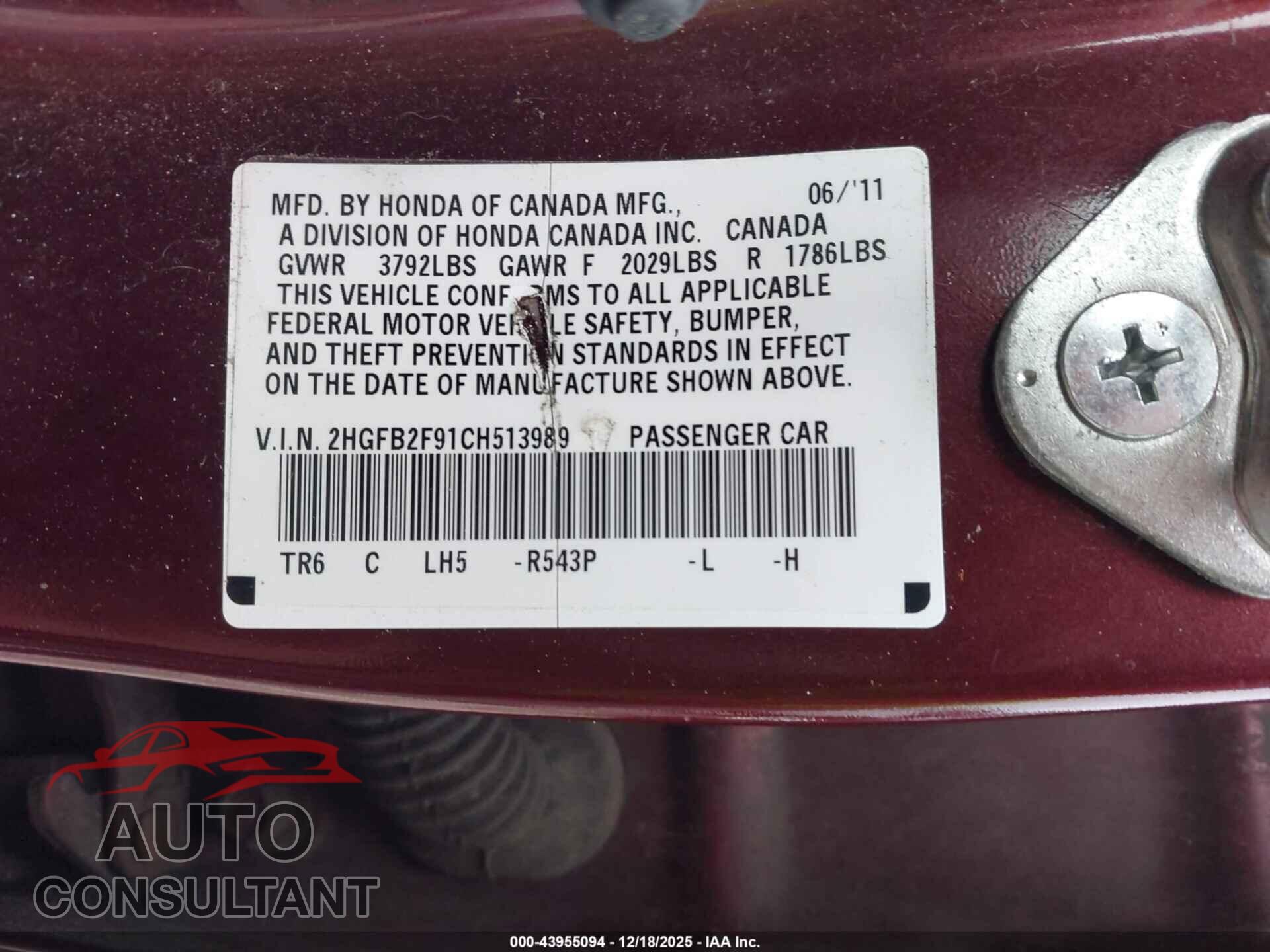 HONDA CIVIC 2012 - 2HGFB2F91CH513989
