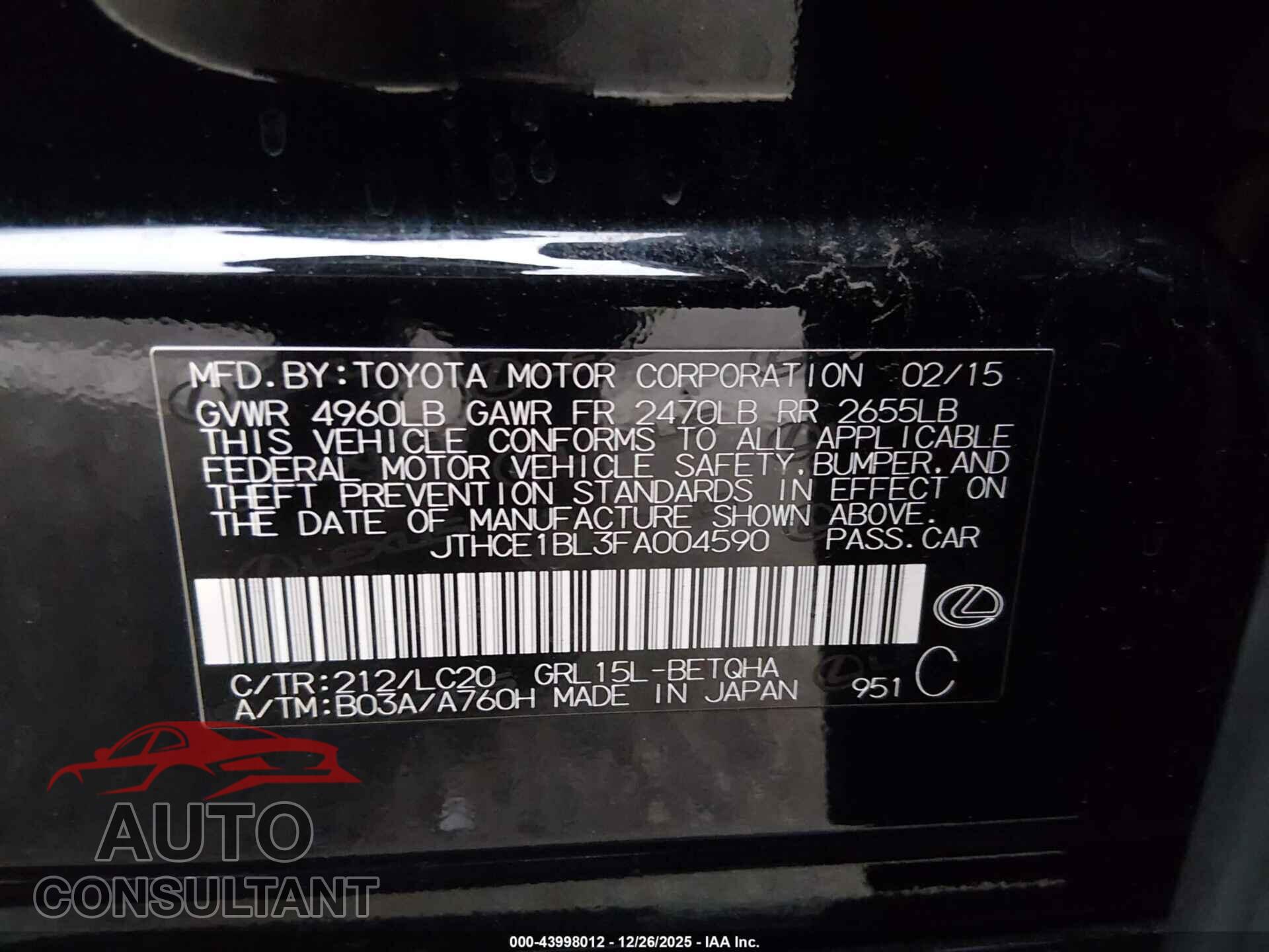 LEXUS GS 350 2015 - JTHCE1BL3FA004590