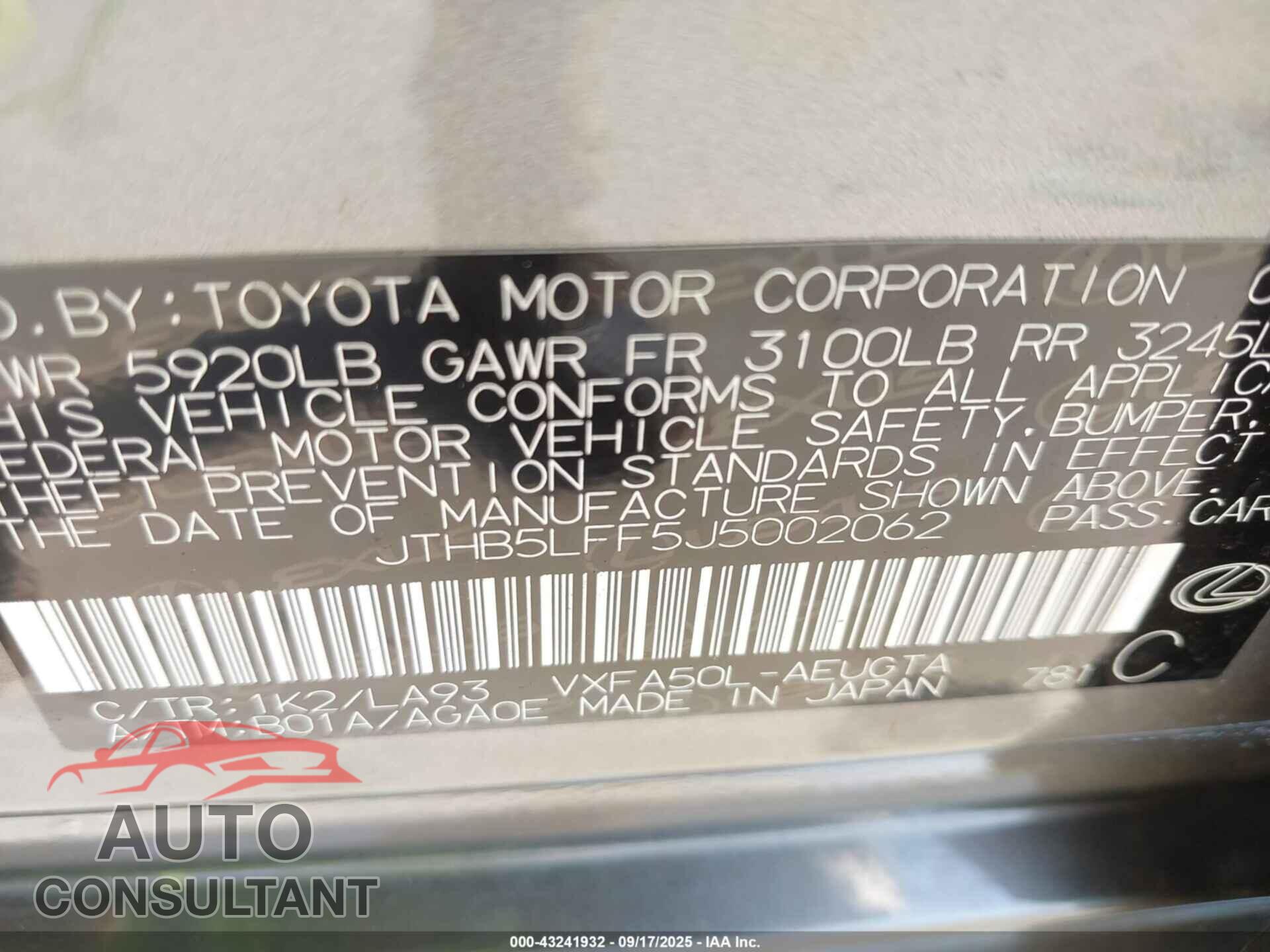 LEXUS LS 500 2018 - JTHB5LFF5J5002062