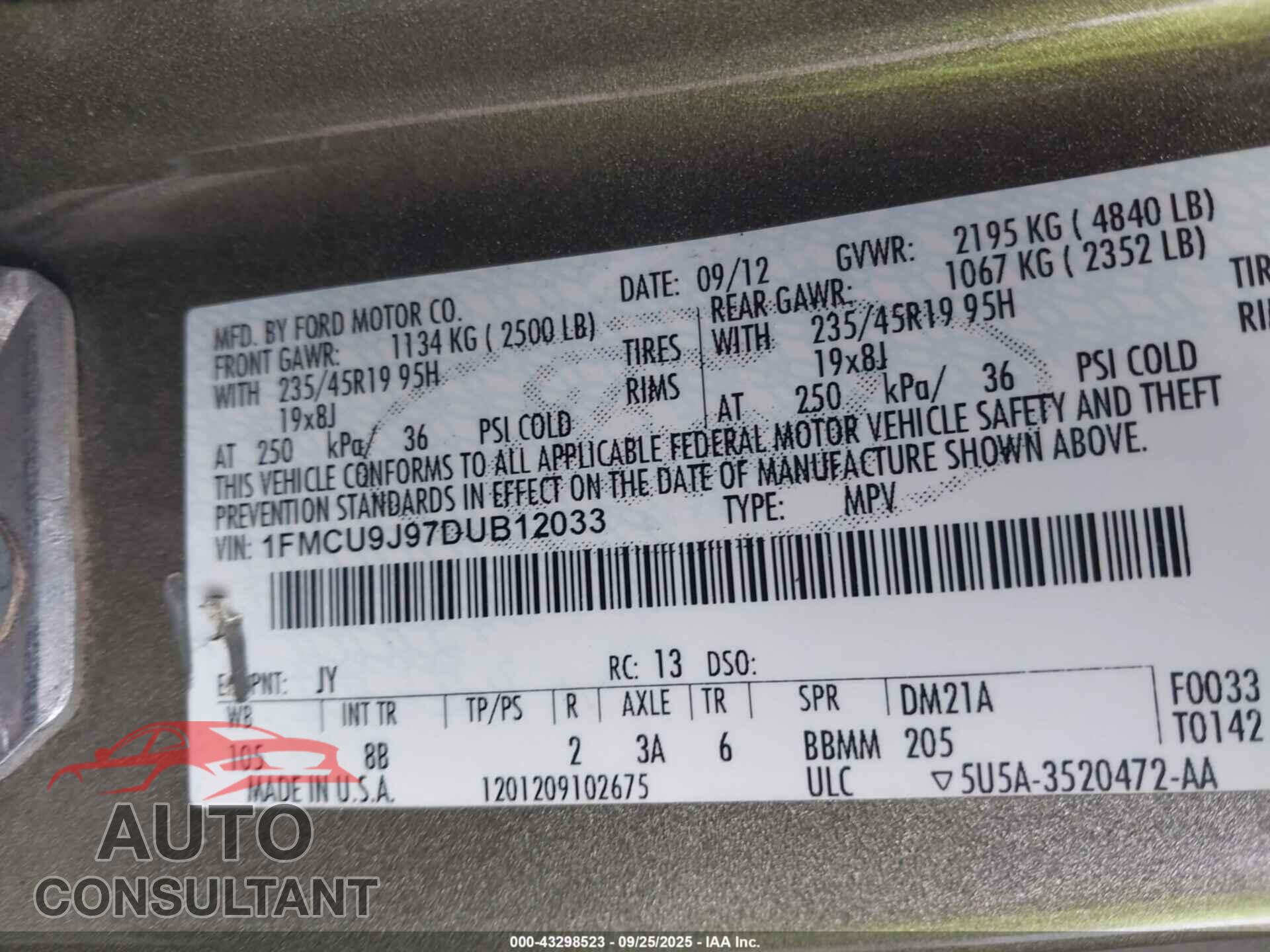 FORD ESCAPE 2013 - 1FMCU9J97DUB12033