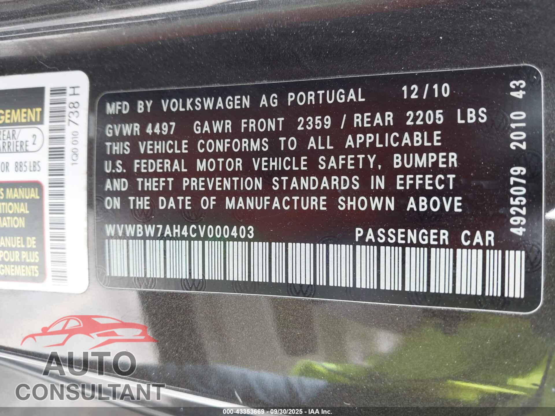 VOLKSWAGEN EOS 2012 - WVWBW7AH4CV000403