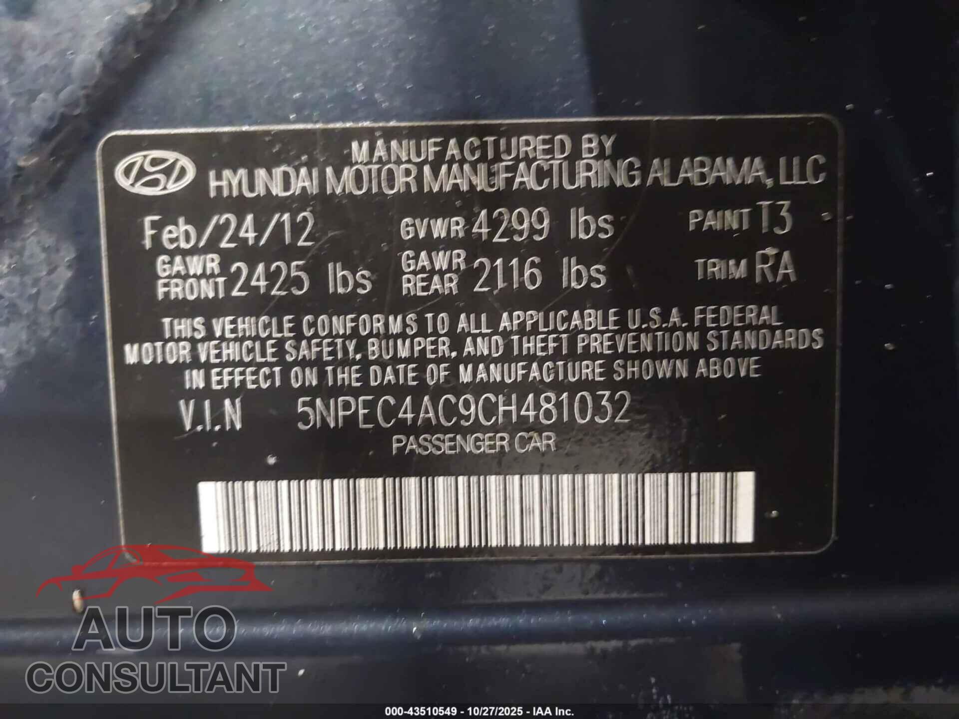 HYUNDAI SONATA 2012 - 5NPEC4AC9CH481032