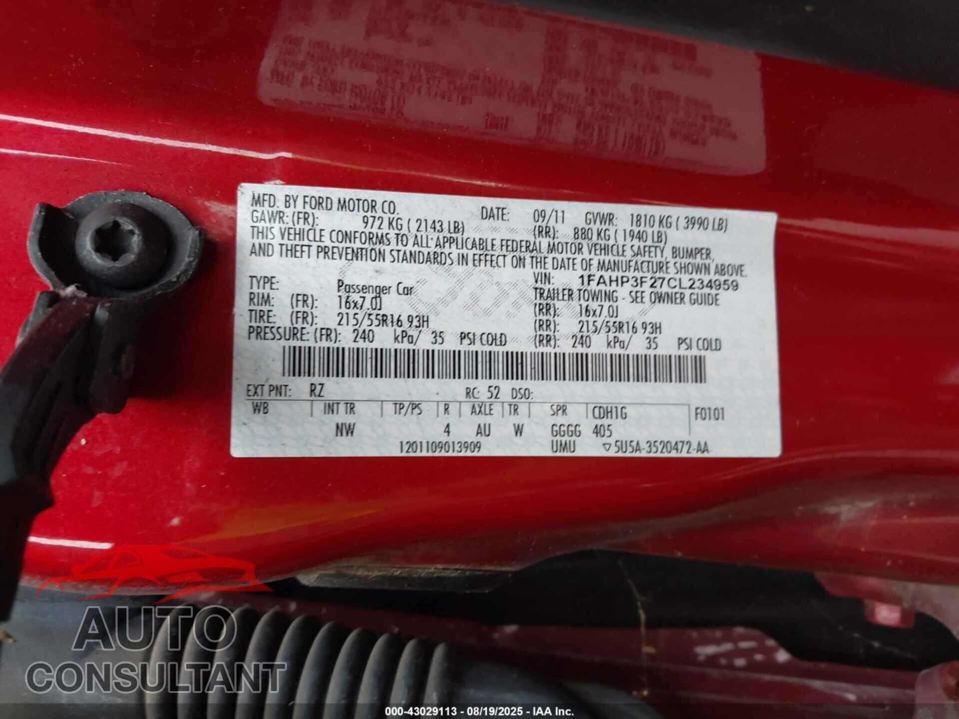 FORD FOCUS 2012 - 1FAHP3F27CL234959