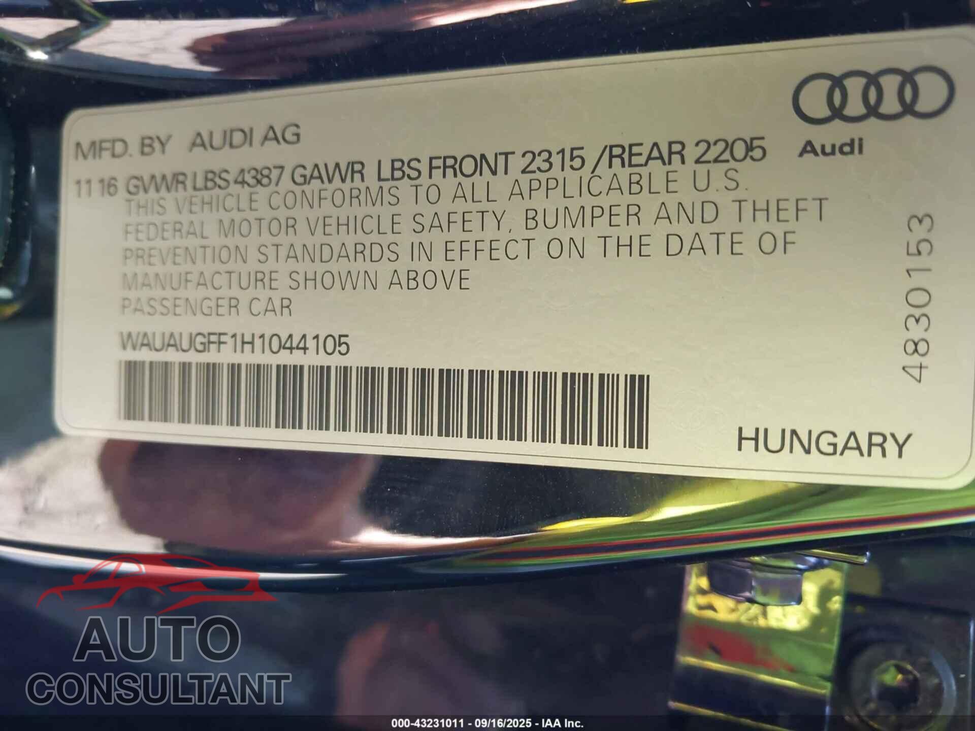 AUDI A3 2017 - WAUAUGFF1H1044105
