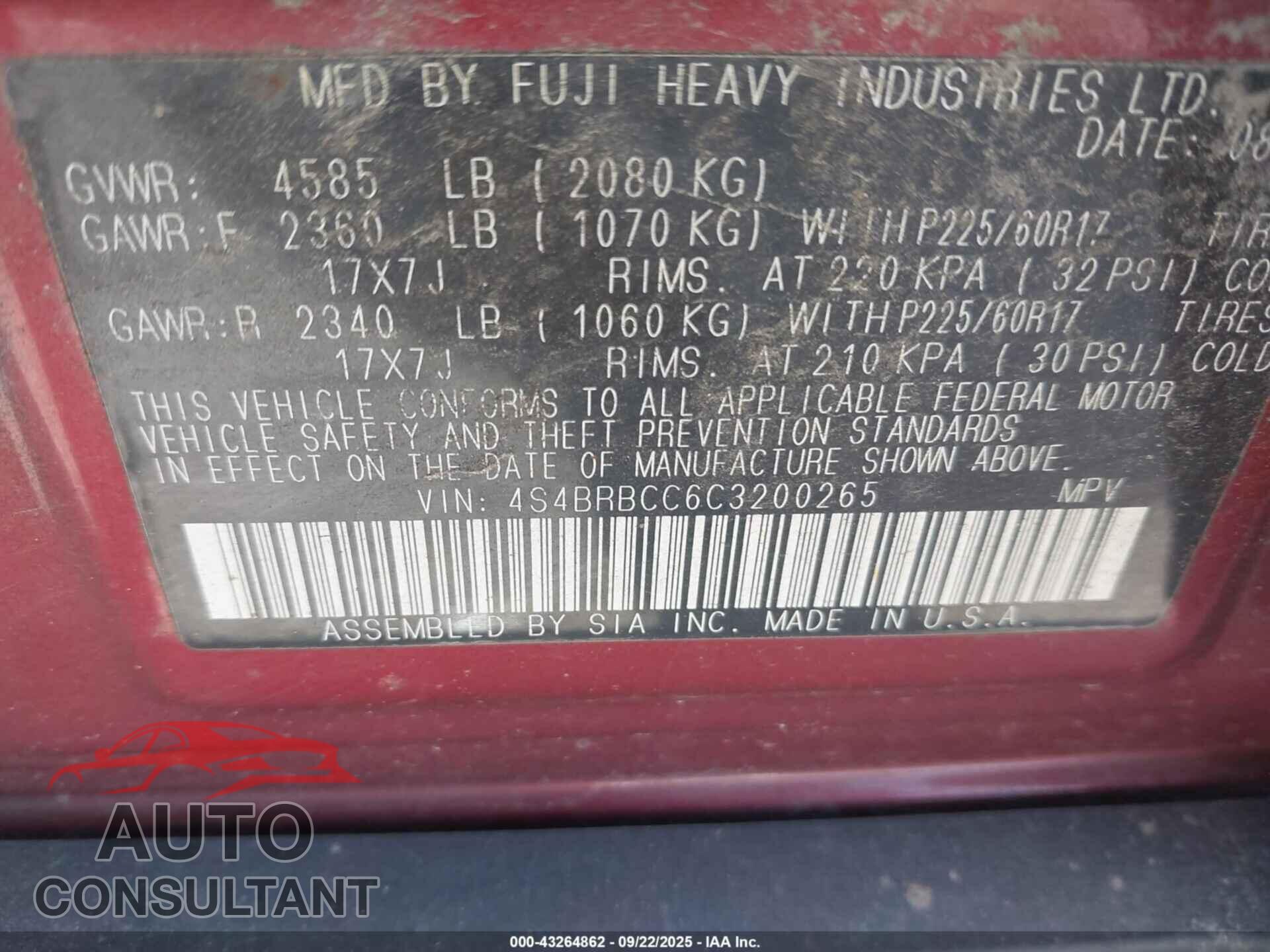 SUBARU OUTBACK 2012 - 4S4BRBCC6C3200265