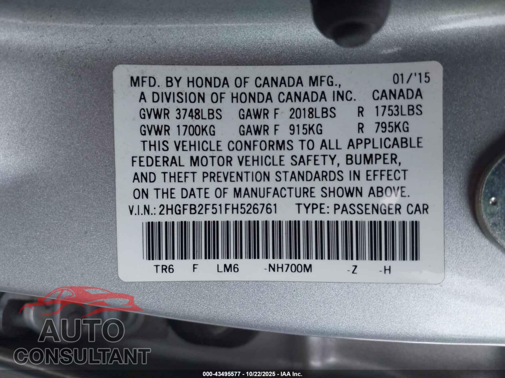 HONDA CIVIC 2015 - 2HGFB2F51FH526761