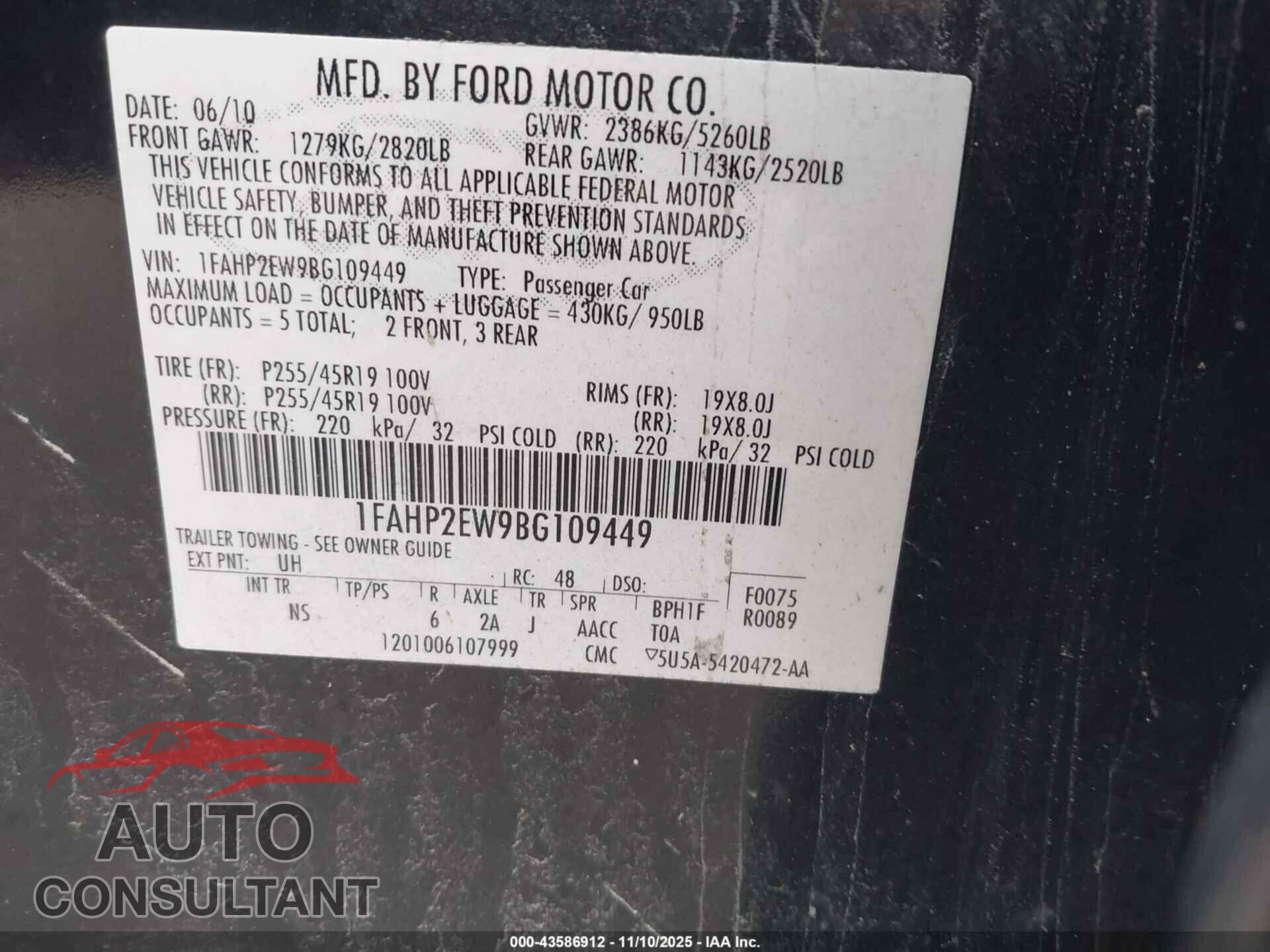 FORD TAURUS 2011 - 1FAHP2EW9BG109449