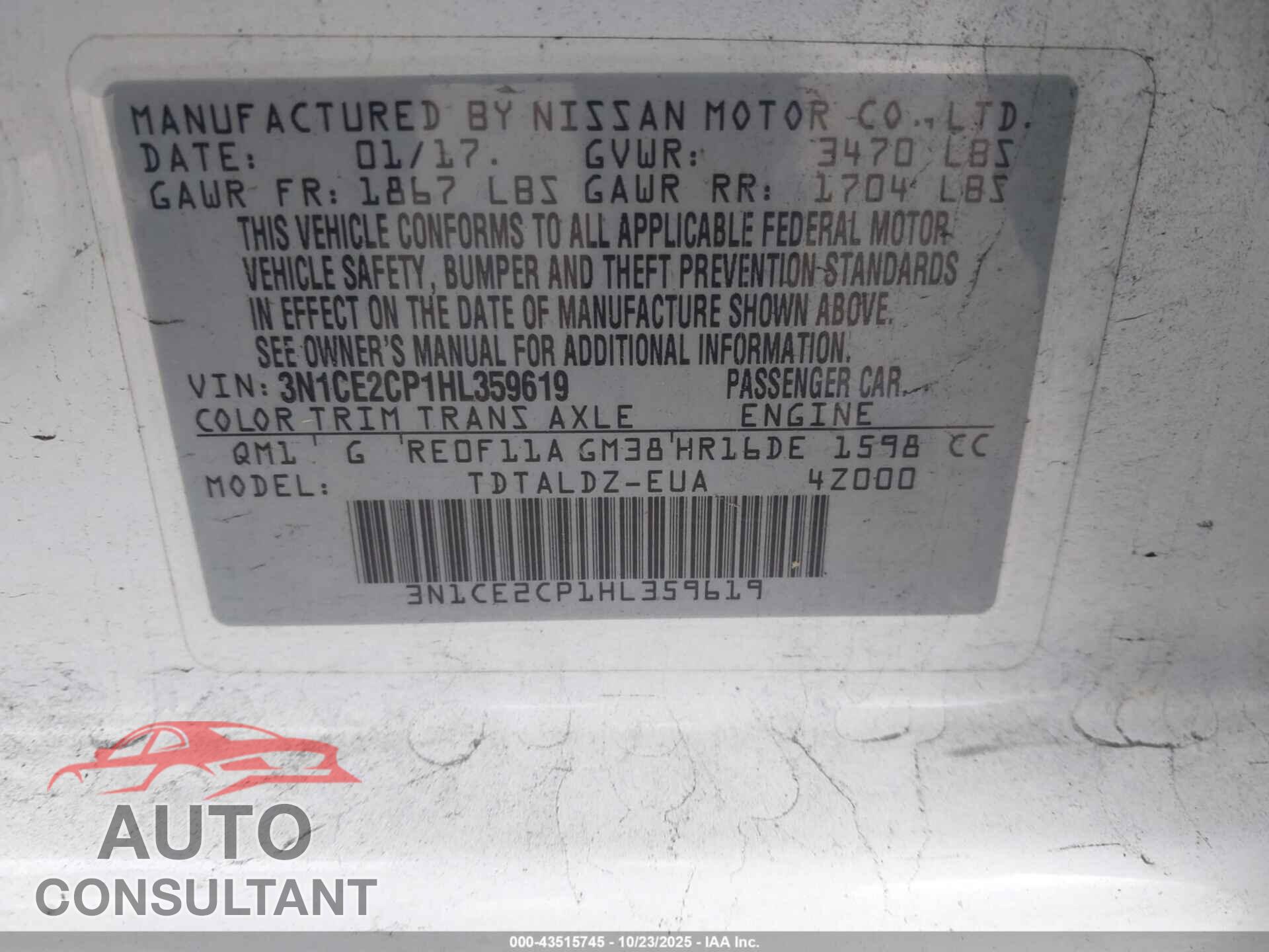 NISSAN VERSA NOTE 2017 - 3N1CE2CP1HL359619