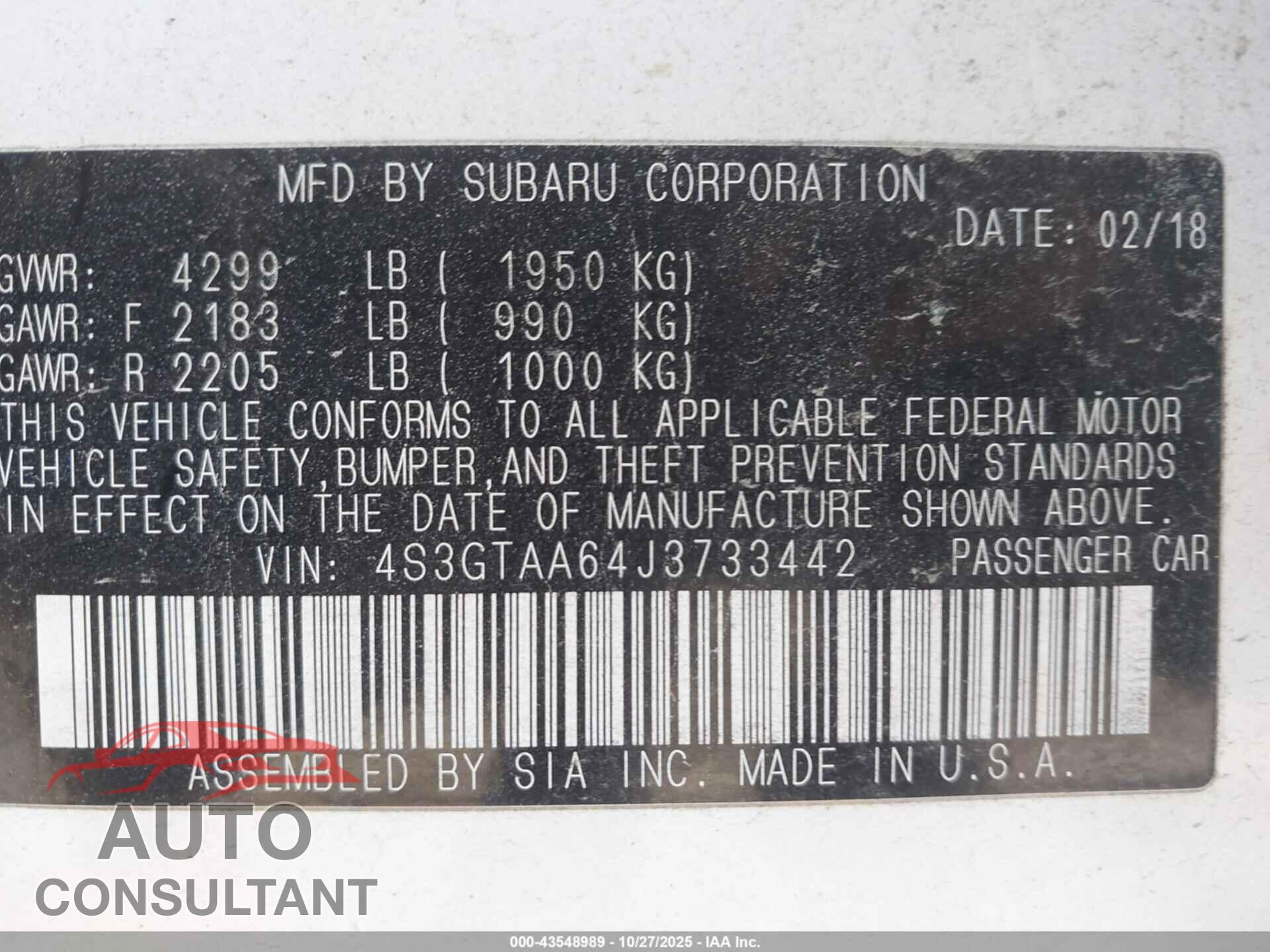SUBARU IMPREZA 2018 - 4S3GTAA64J3733442