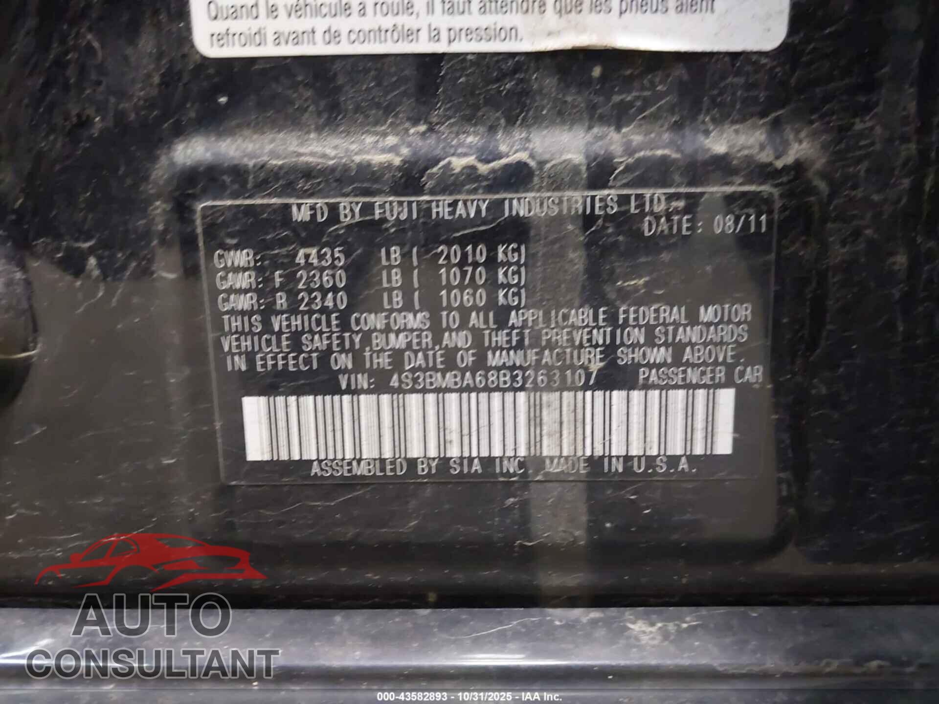 SUBARU LEGACY 2011 - 4S3BMBA68B3263107