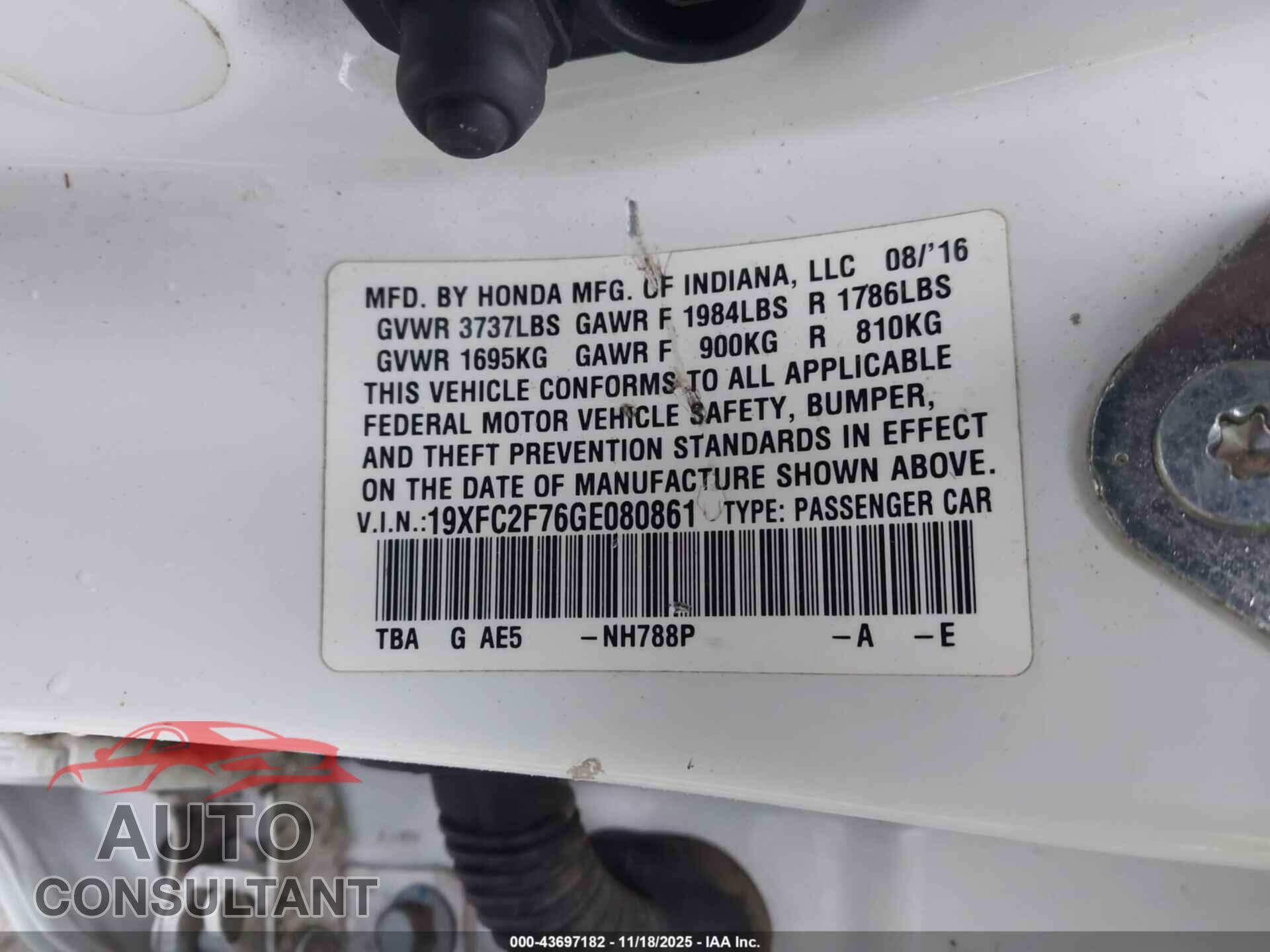 HONDA CIVIC 2016 - 19XFC2F76GE080861