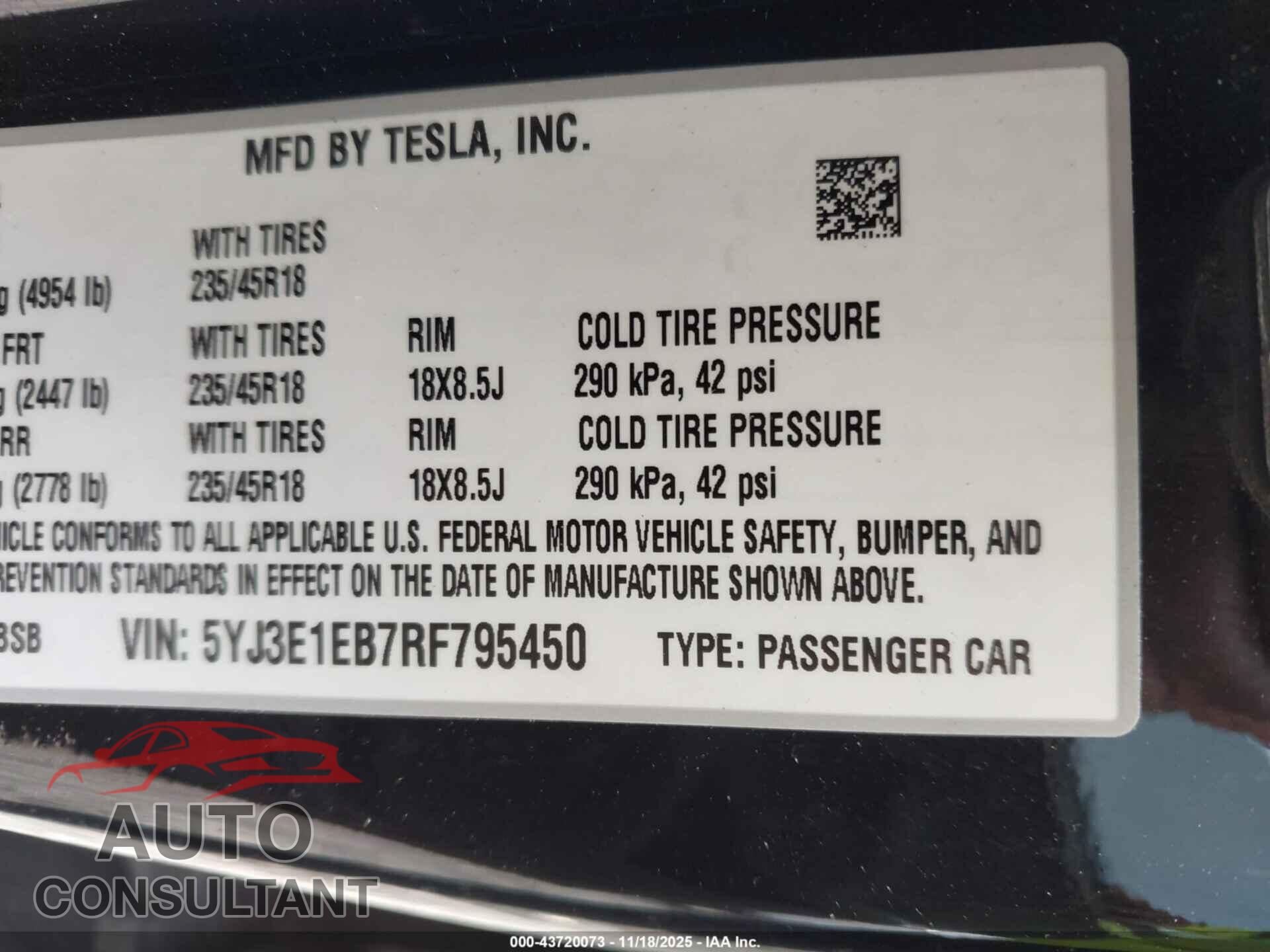 TESLA MODEL 3 2024 - 5YJ3E1EB7RF795450