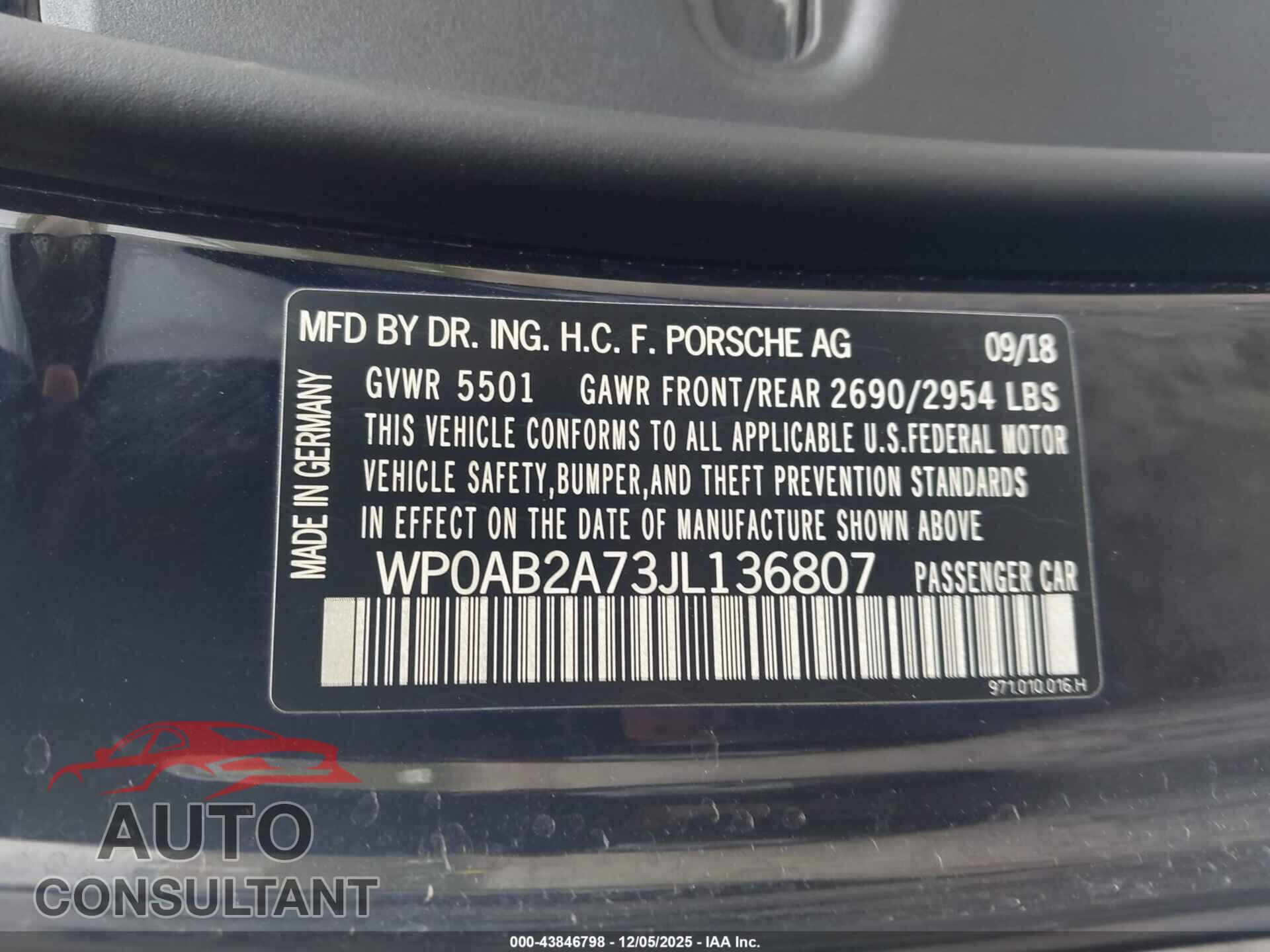 PORSCHE PANAMERA 2018 - WP0AB2A73JL136807