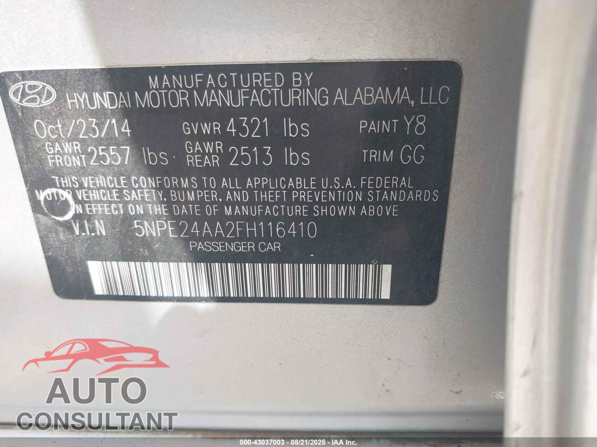 HYUNDAI SONATA 2015 - 5NPE24AA2FH116410