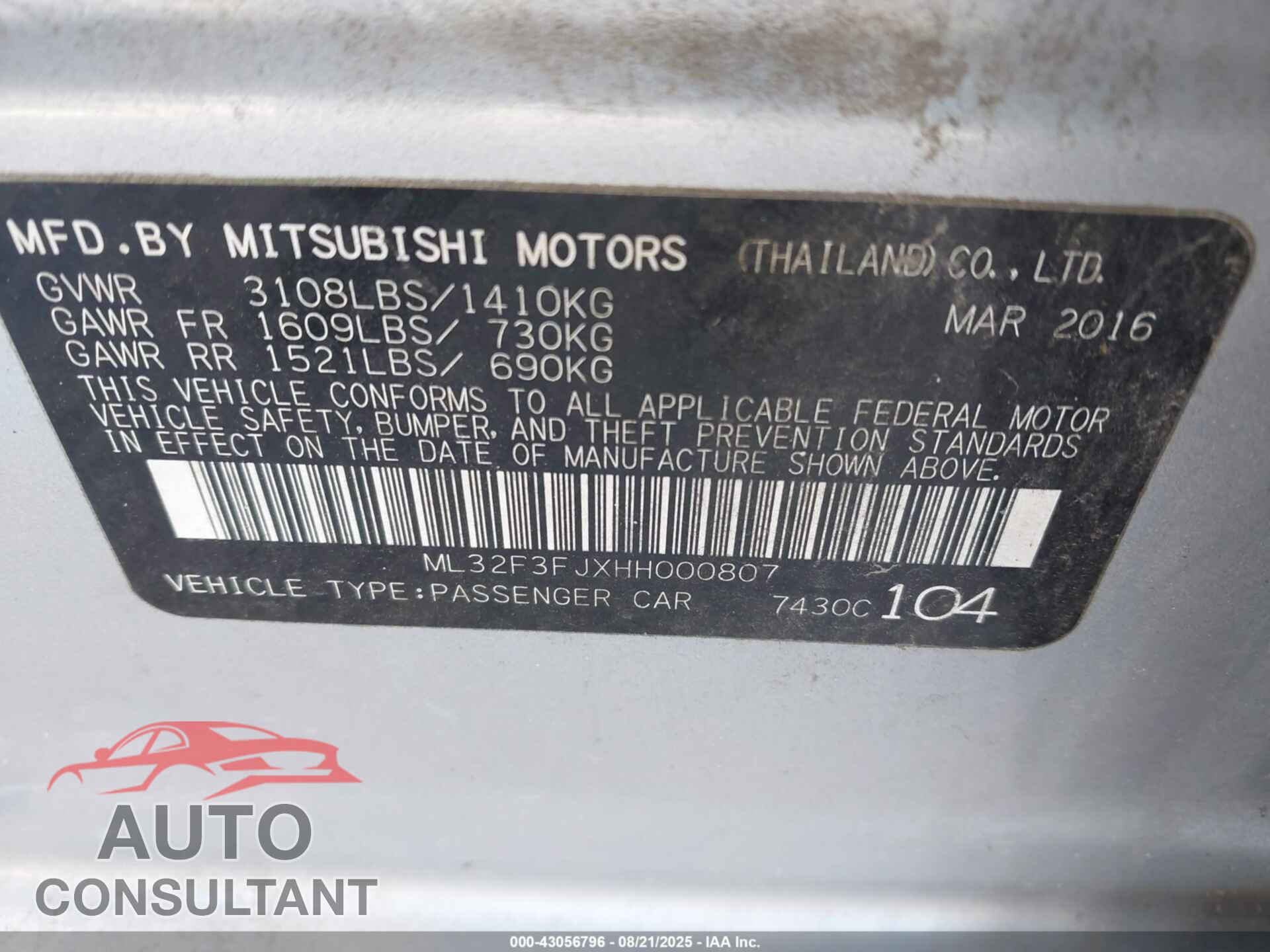 MITSUBISHI MIRAGE G4 2017 - ML32F3FJXHH000807