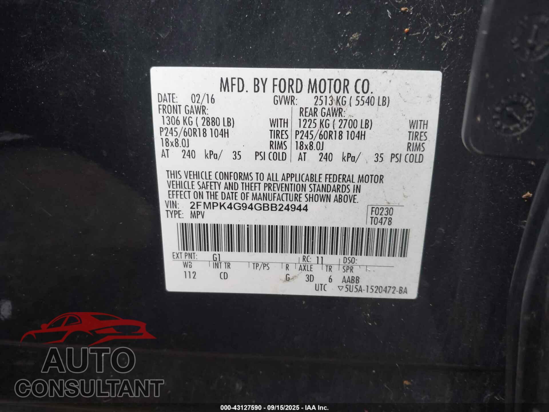 FORD EDGE 2016 - 2FMPK4G94GBB24944