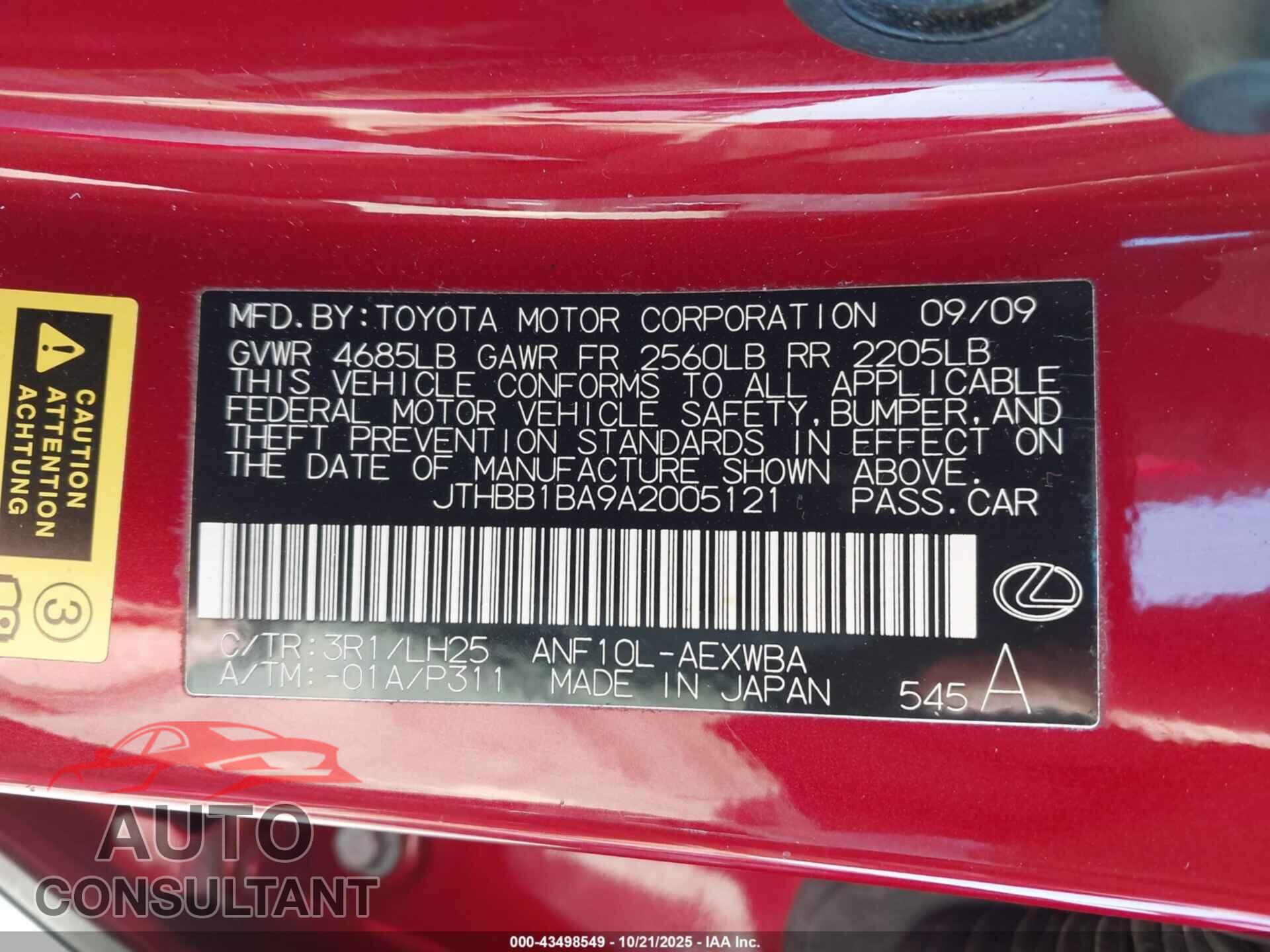 LEXUS HS 250H 2010 - JTHBB1BA9A2005121
