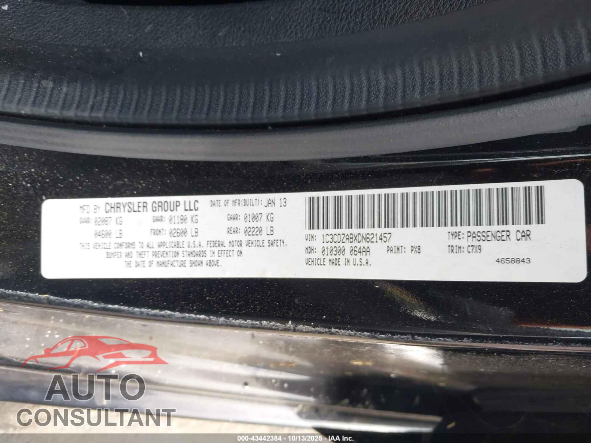 DODGE AVENGER 2013 - 1C3CDZABXDN621457