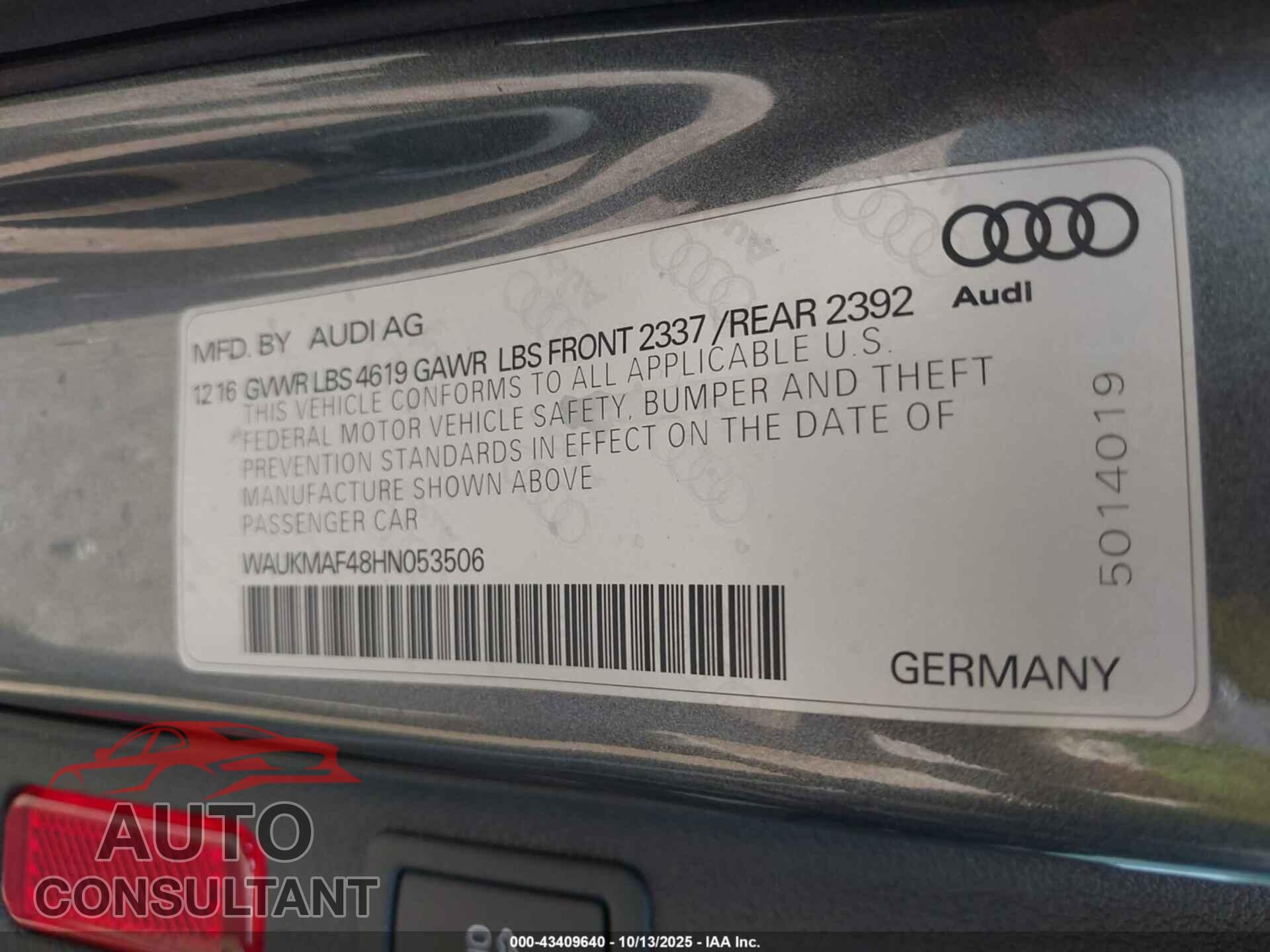AUDI A4 2017 - WAUKMAF48HN053506
