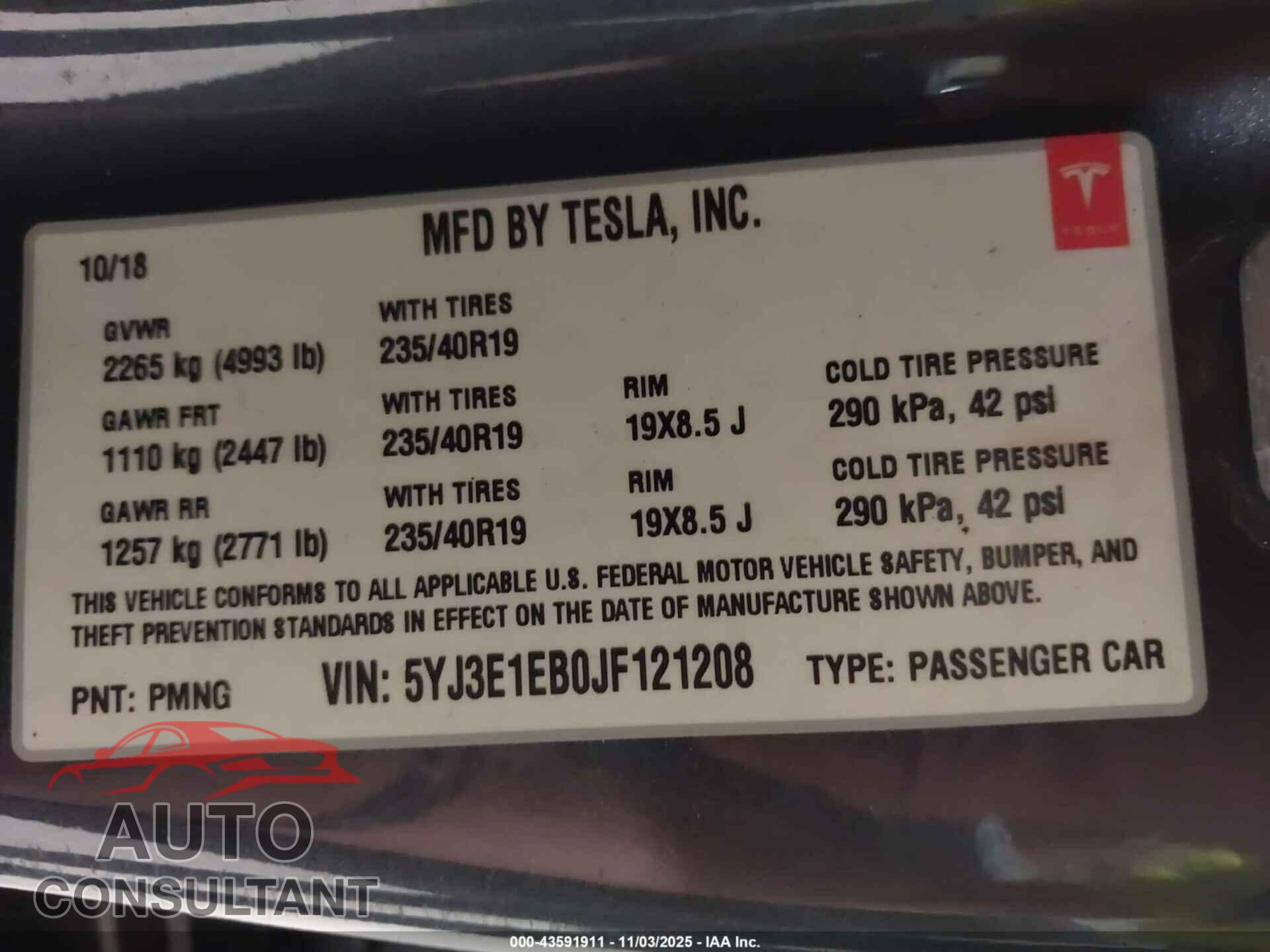 TESLA MODEL 3 2018 - 5YJ3E1EB0JF121208