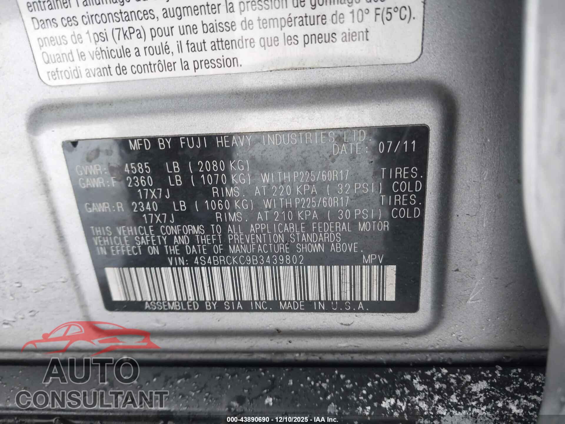 SUBARU OUTBACK 2011 - 4S4BRCKC9B3439802