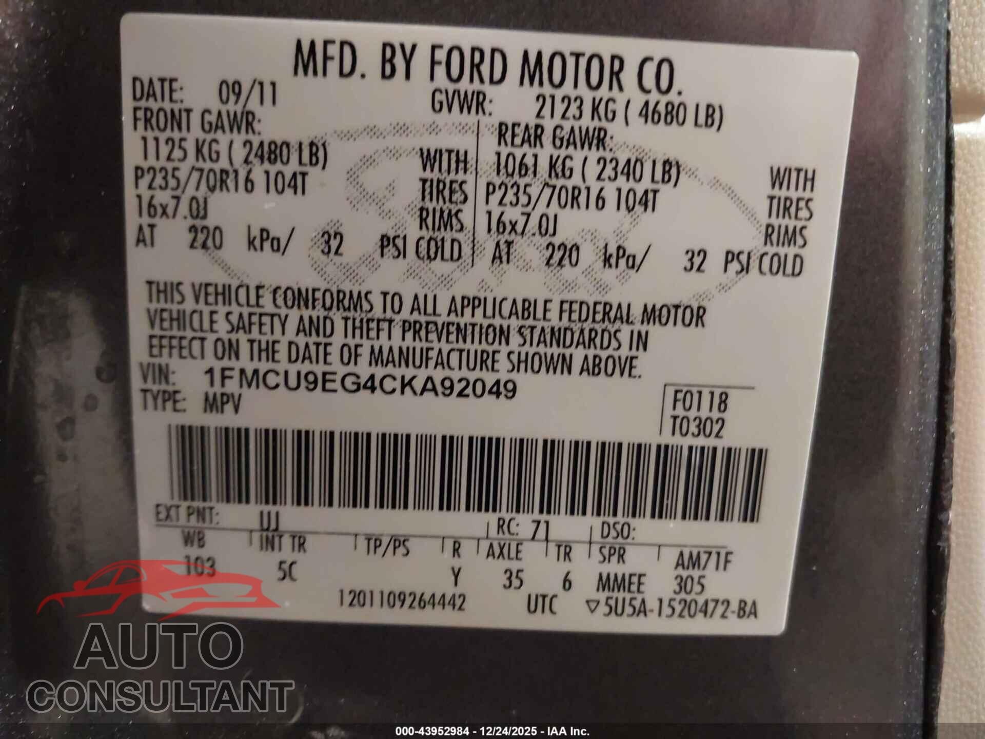 FORD ESCAPE 2012 - 1FMCU9EG4CKA92049