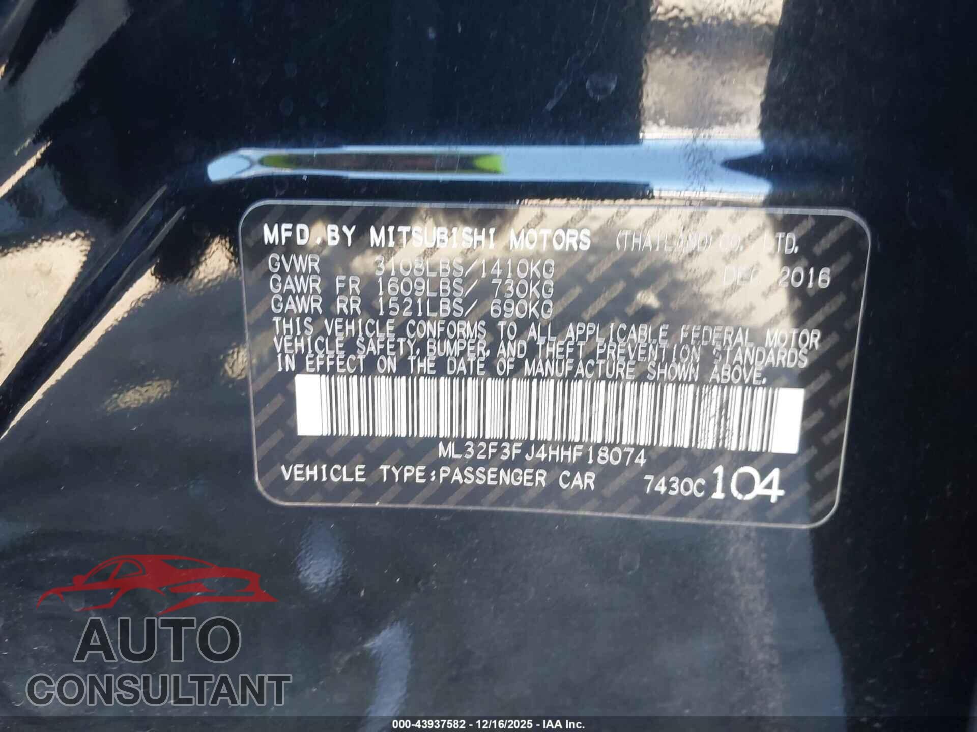 MITSUBISHI MIRAGE G4 2017 - ML32F3FJ4HHF18074