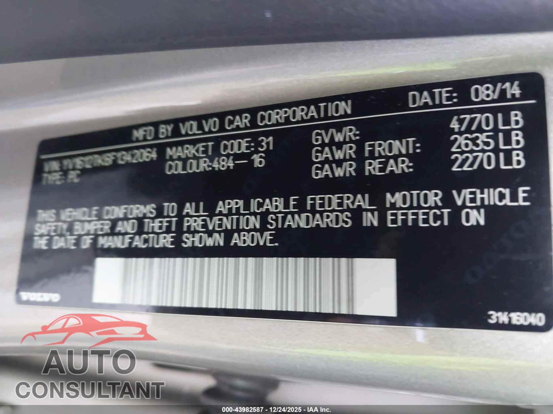 VOLVO S60 2015 - YV1612TK6F1342064