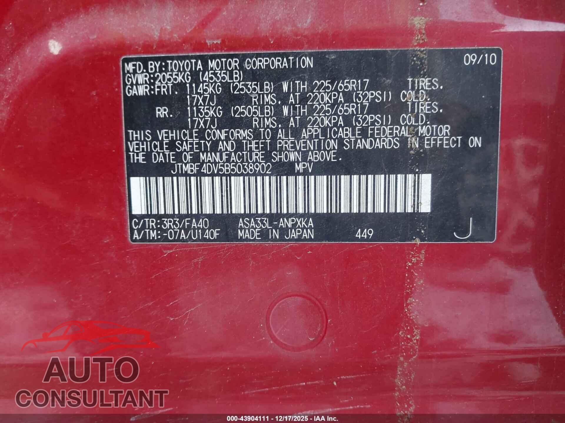 TOYOTA RAV4 2011 - JTMBF4DV5B5038902