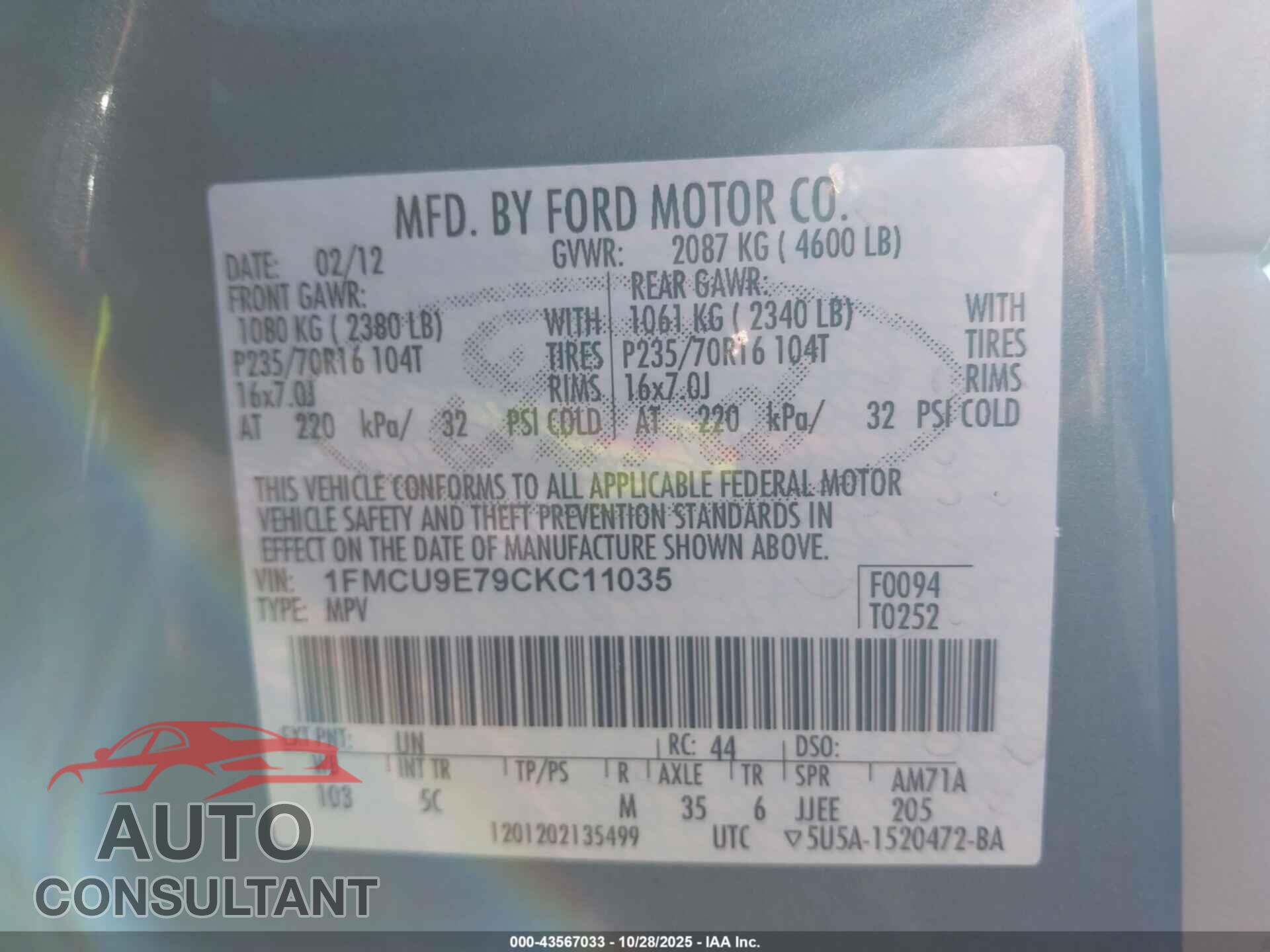 FORD ESCAPE 2012 - 1FMCU9E79CKC11035