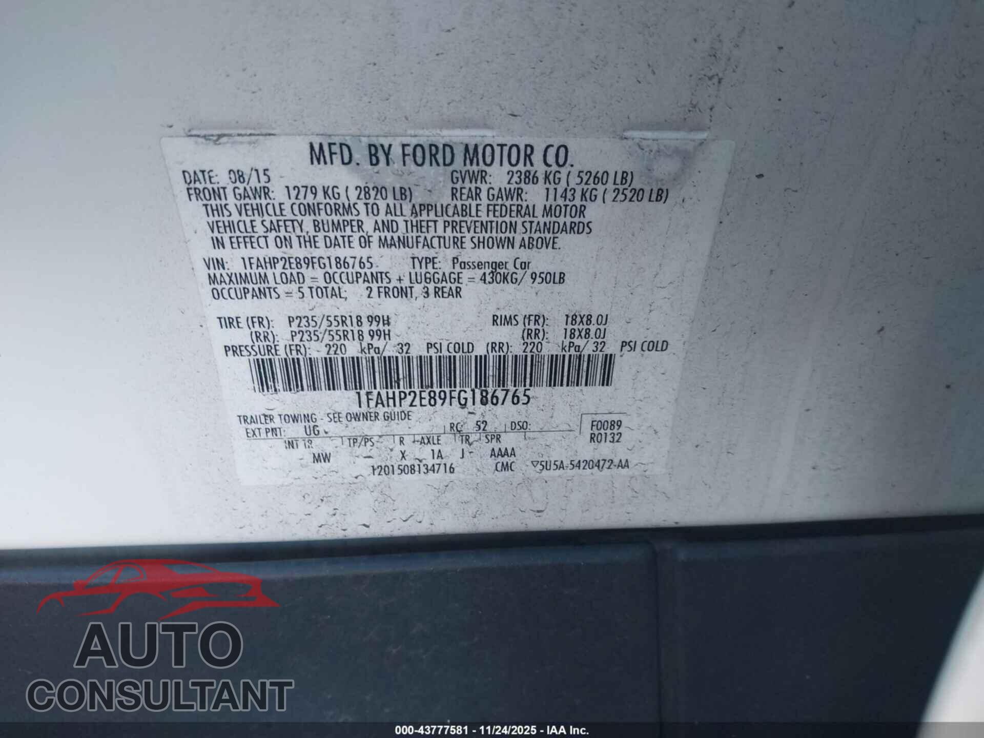 FORD TAURUS 2015 - 1FAHP2E89FG186765