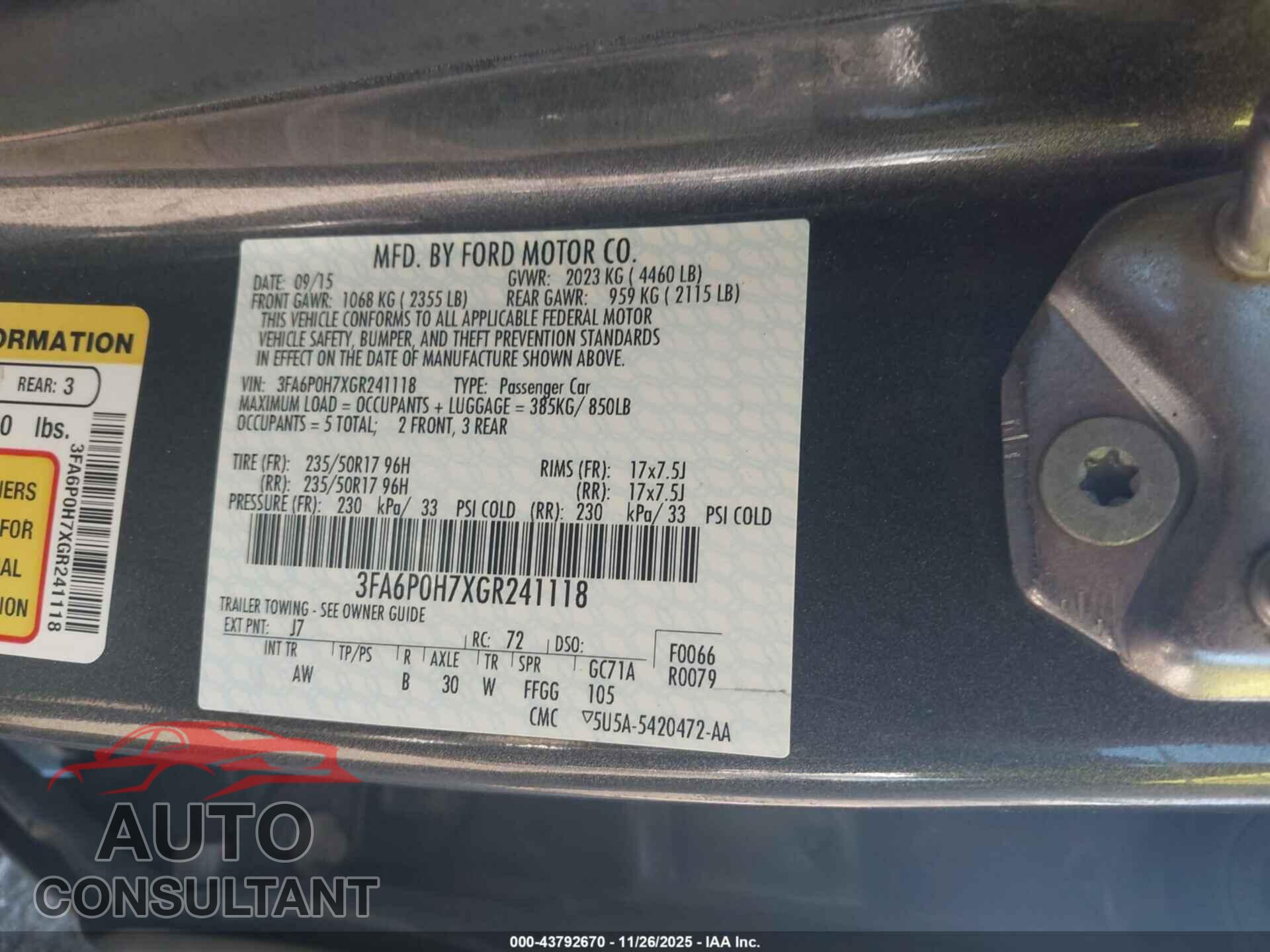 FORD FUSION 2016 - 3FA6P0H7XGR241118