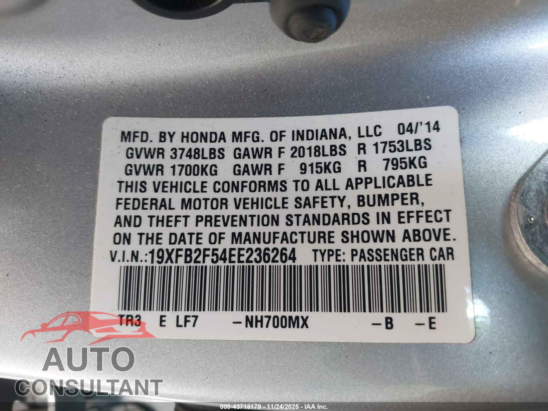 HONDA CIVIC 2014 - 19XFB2F54EE236264