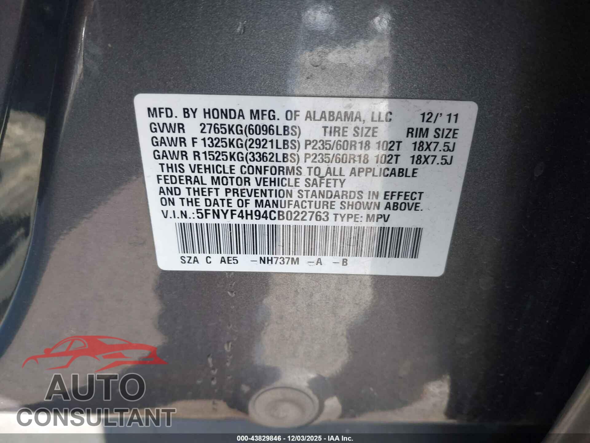 HONDA PILOT 2012 - 5FNYF4H94CB022763