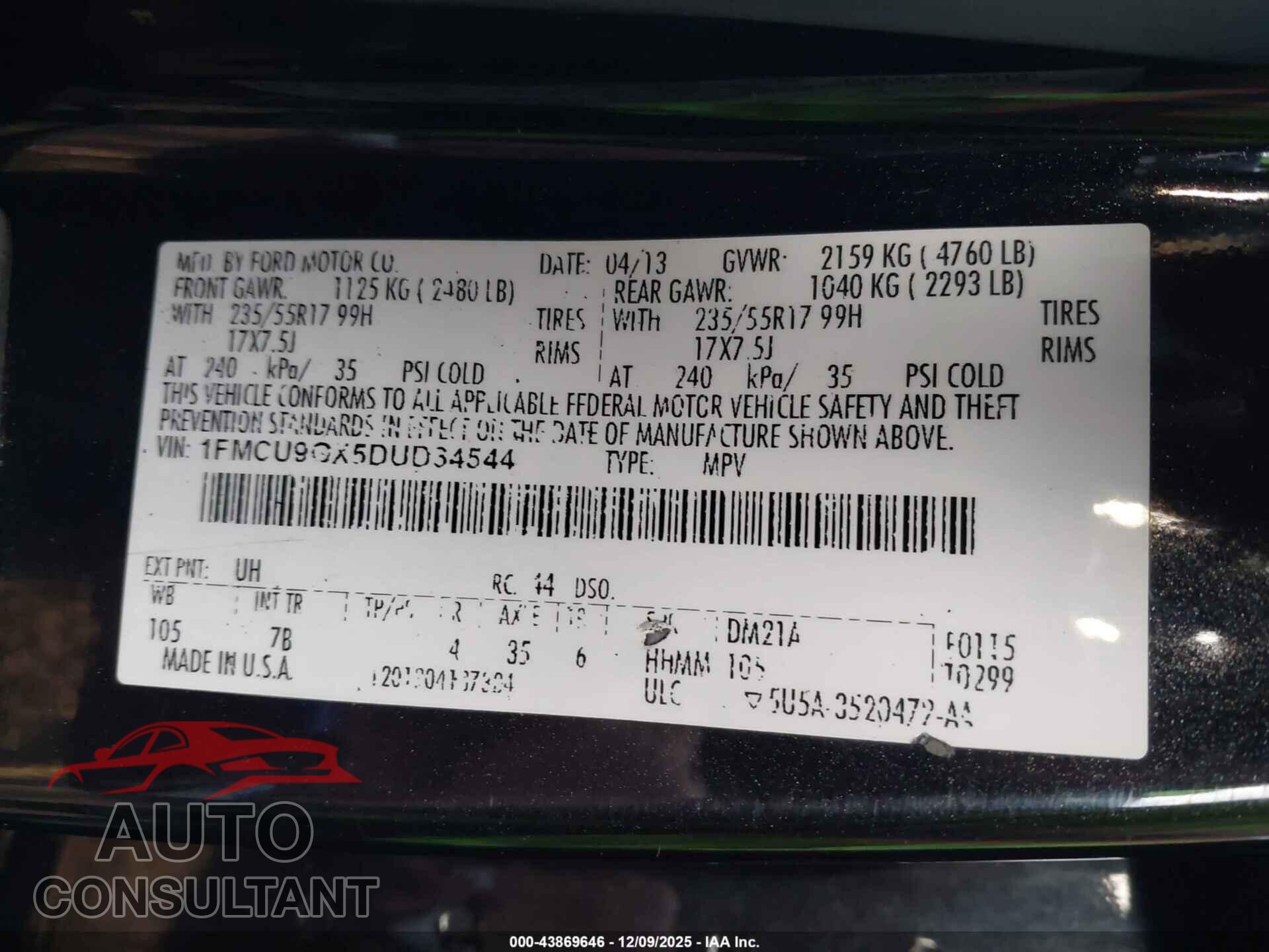FORD ESCAPE 2013 - 1FMCU9GX5DUD34544